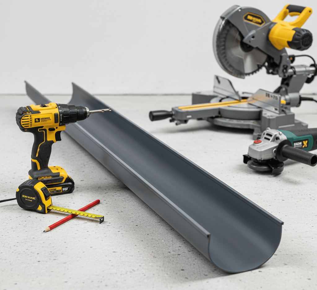 Tools required to install aluminium guttering (Drill, mitre saw, angle grinder, tape measure, pencil)