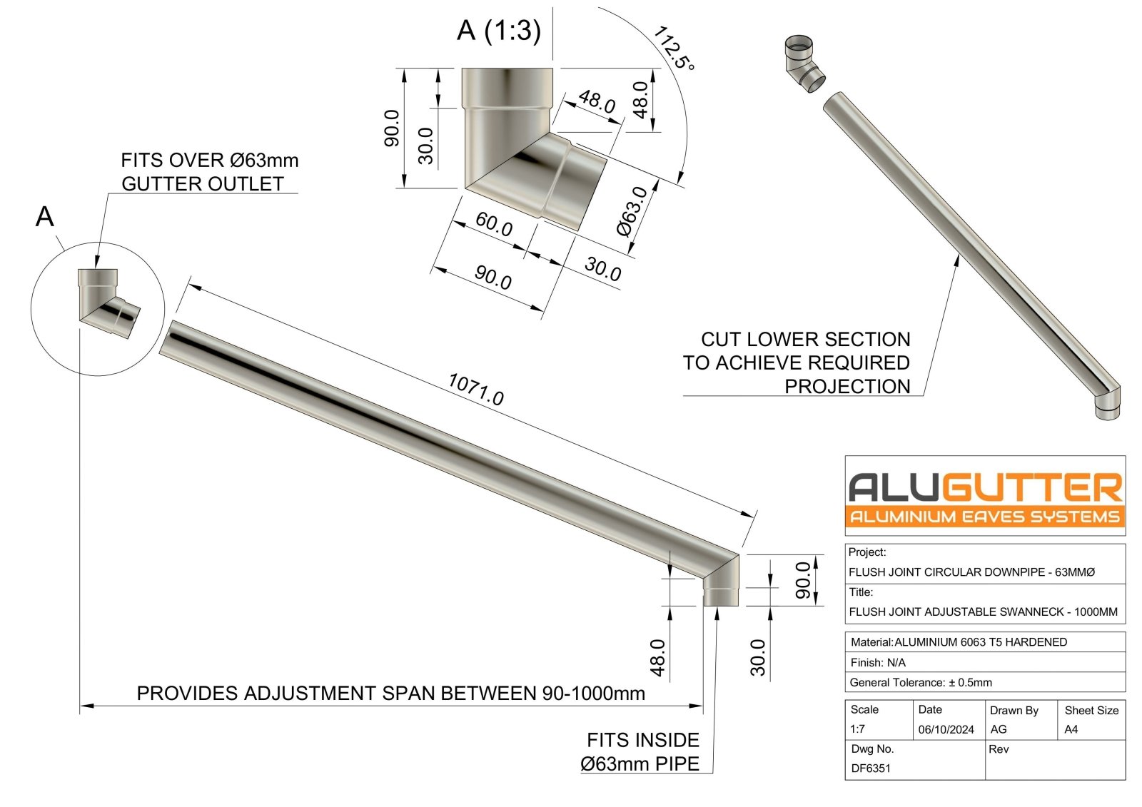 Flush Joint Adjustable Swanneck 63mm - 1000mm - Alugutter