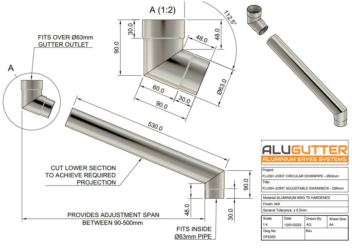 Flush Joint Adjustable Swanneck 63mm - 500mm - Alugutter