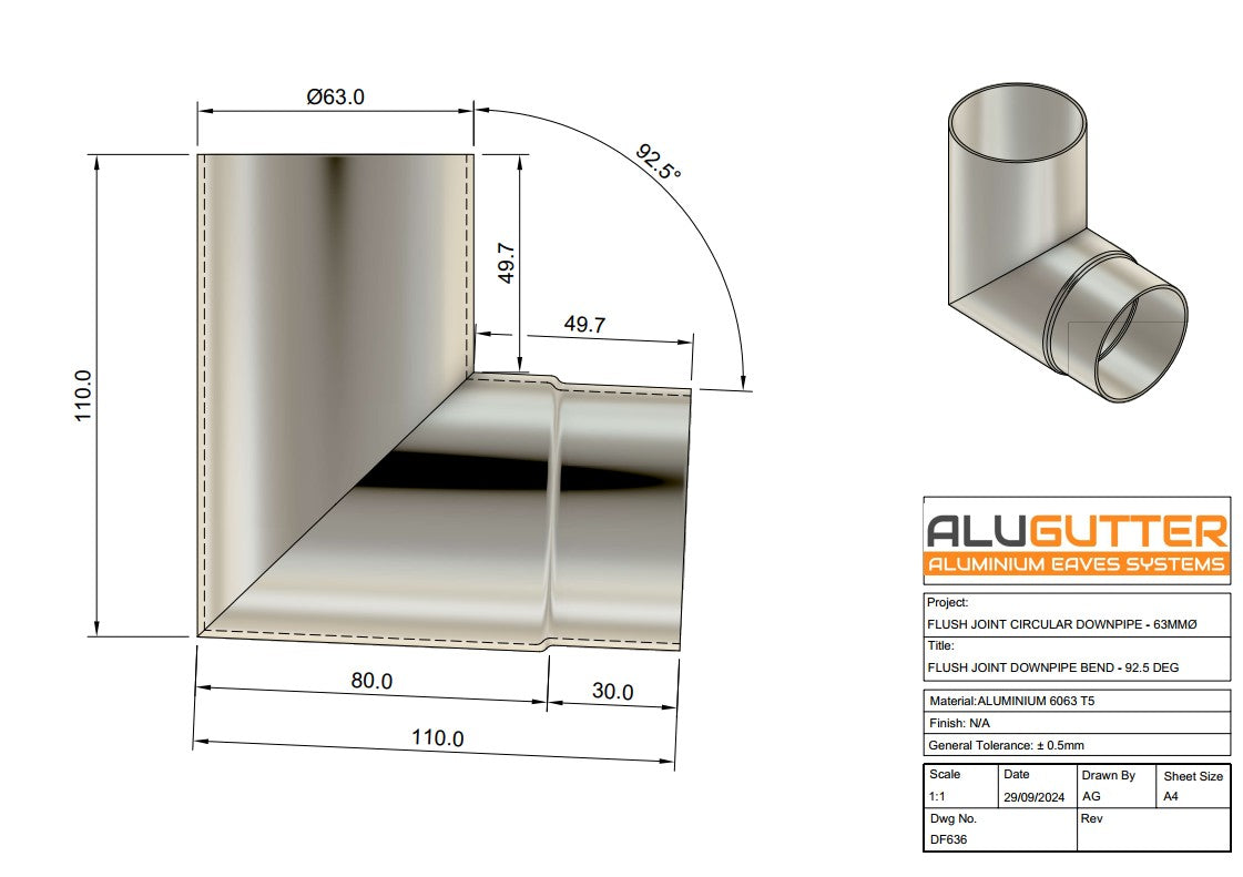 Flush Joint Downpipe Bend 92.5 degrees, 63mm Dia - Alugutter