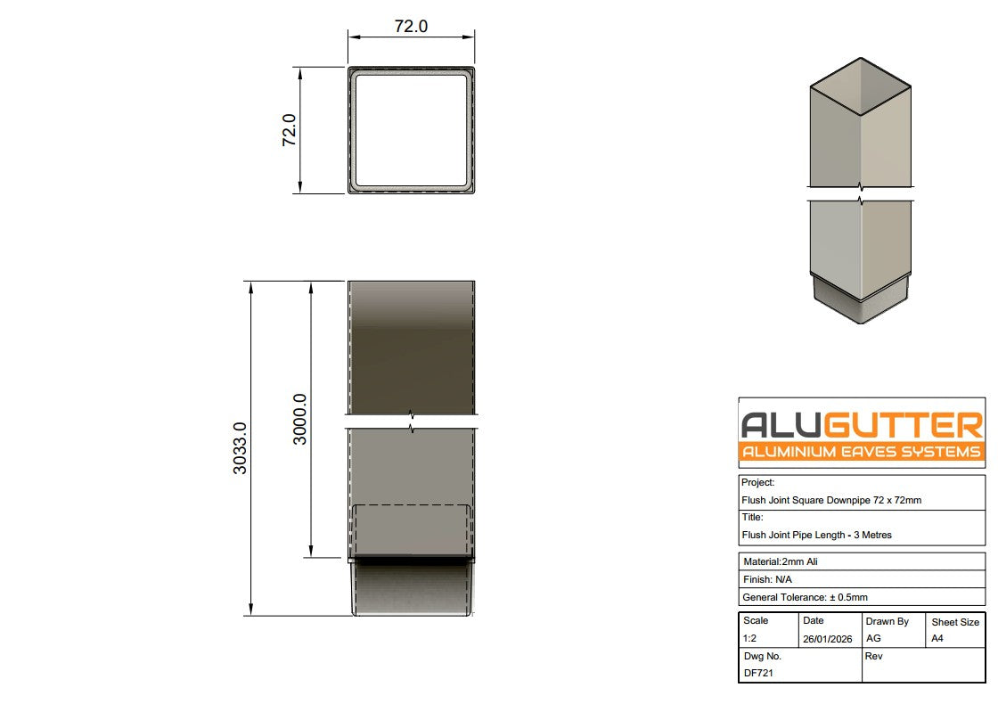 Flush Joint Length 72 x 72mm - Alugutter