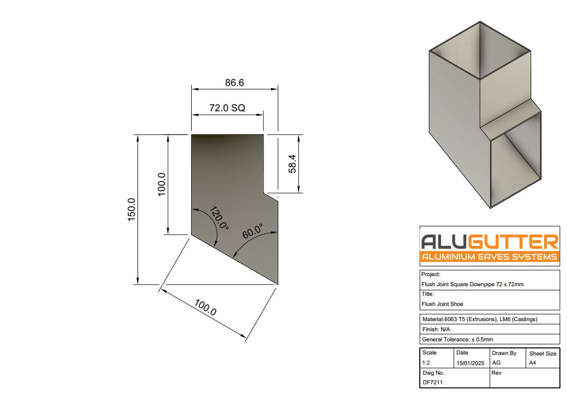 Flush Joint Shoe 72 x 72mm - Alugutter