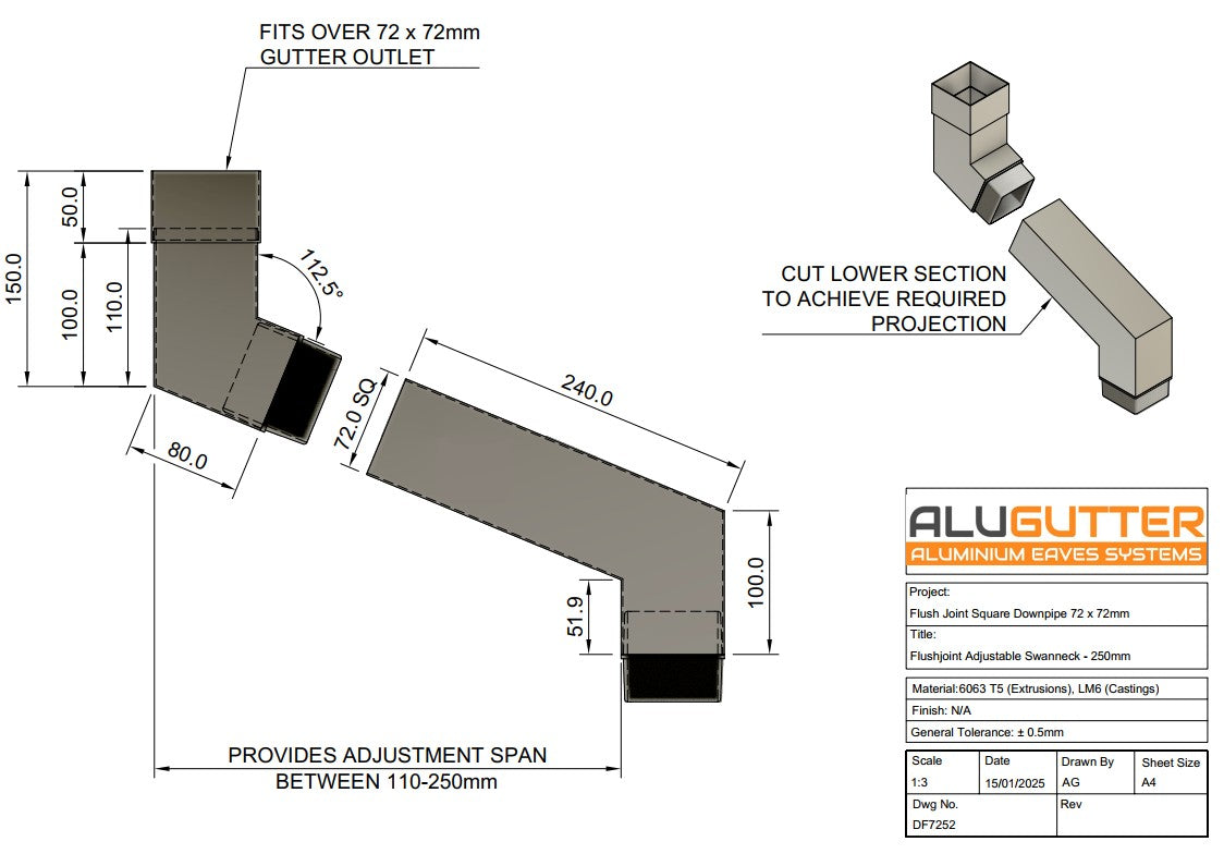 Flush Joint Adjustable Swanneck 72 x 72mm - 250mm - Alugutter