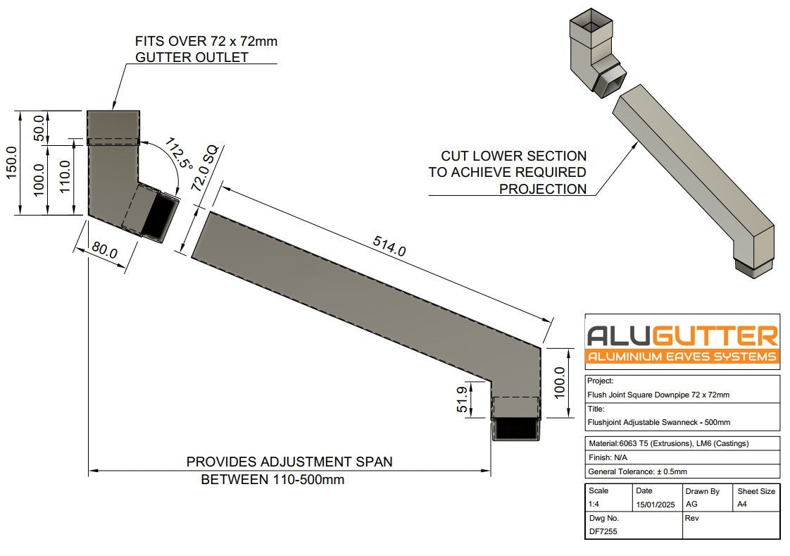 Flush Joint Adjustable Swanneck 72 x 72mm - 500mm - Alugutter