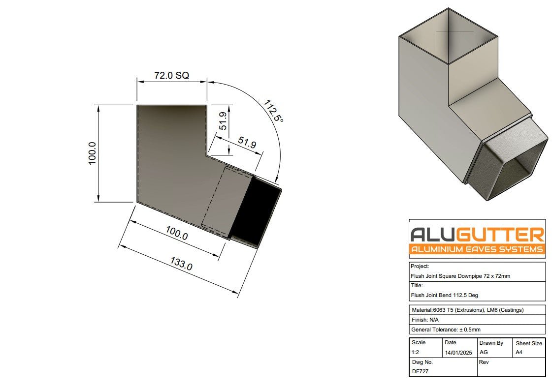 Flush Joint Downpipe Bend 112.5 degrees, 72 x 72mm - Alugutter