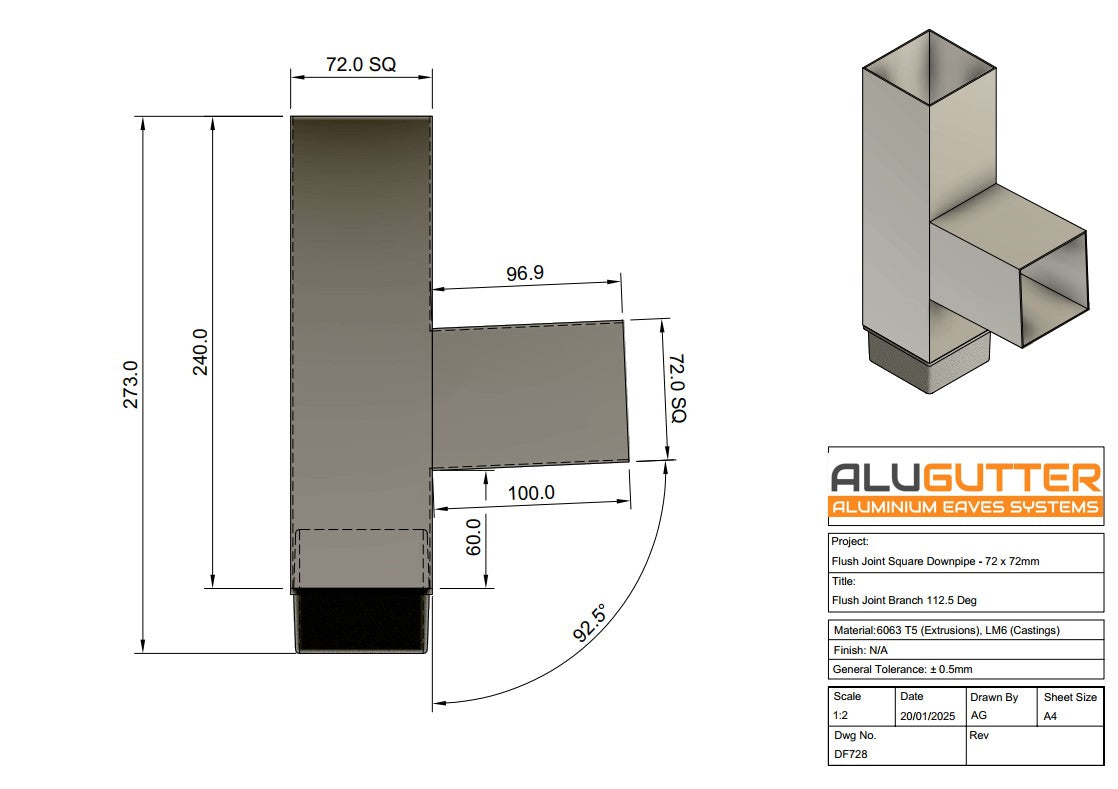Flush Joint Downpipe Branch 92.5 degrees, 72 x 72mm - Alugutter