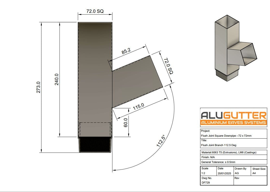 Flush Joint Downpipe Branch 112.5 degrees, 72 x 72mm - Alugutter