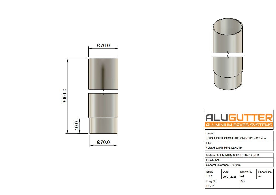 Flush Joint Downpipe Length 76m Dia - Alugutter