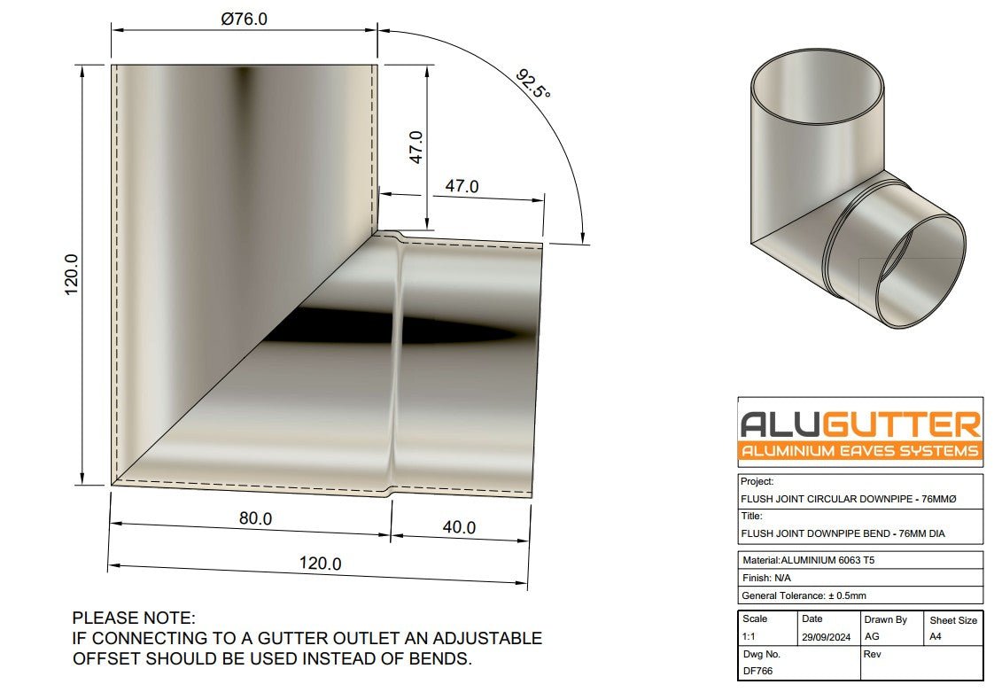 Flush Joint Downpipe Bend 92.5 degrees, 76mm Dia - Alugutter
