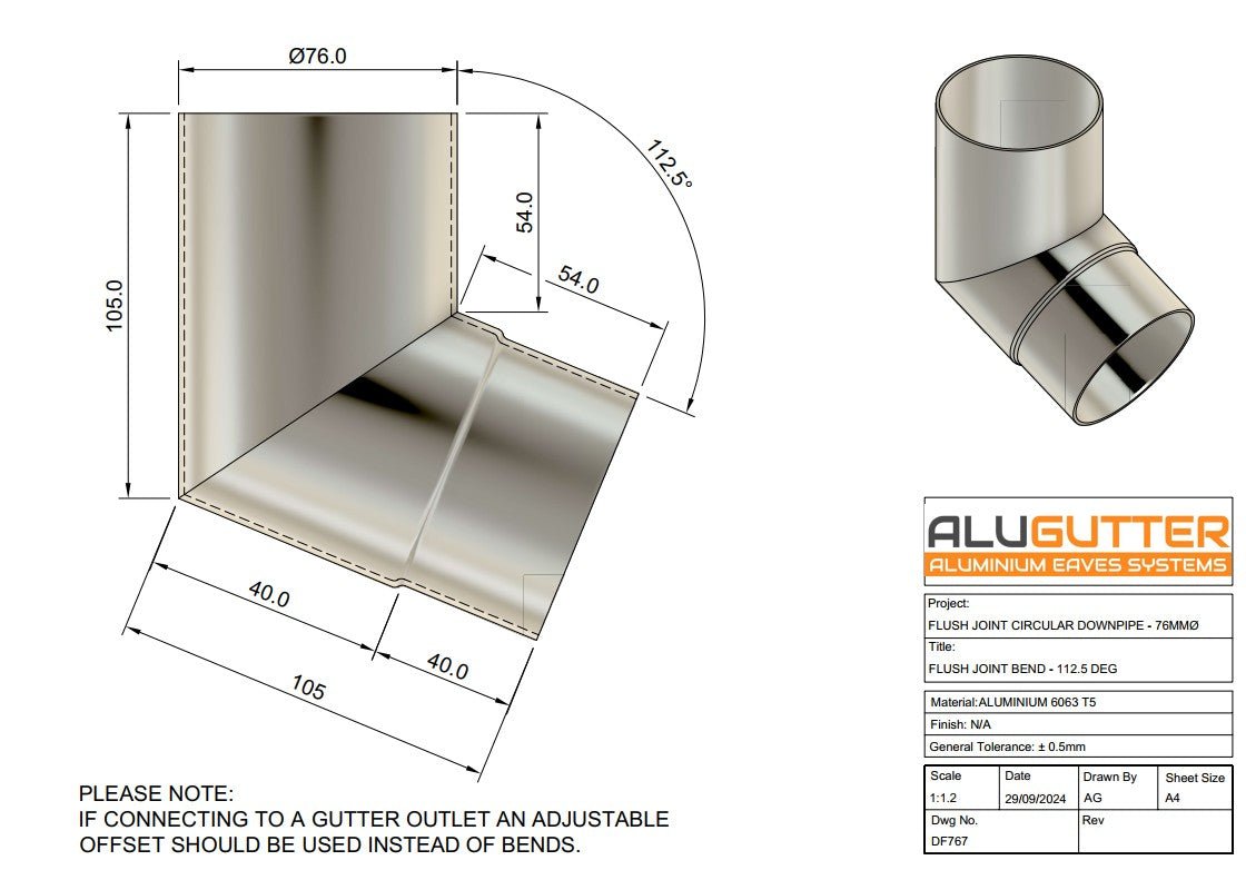 Flush Joint Downpipe Bend 112.5 degrees, 76mm Dia - Alugutter