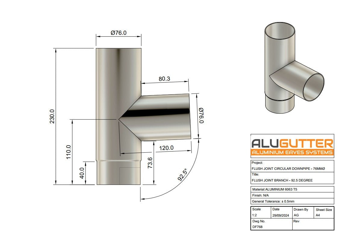 Flush Joint Downpipe Branch 92.5 degrees, 76mm Dia - Alugutter
