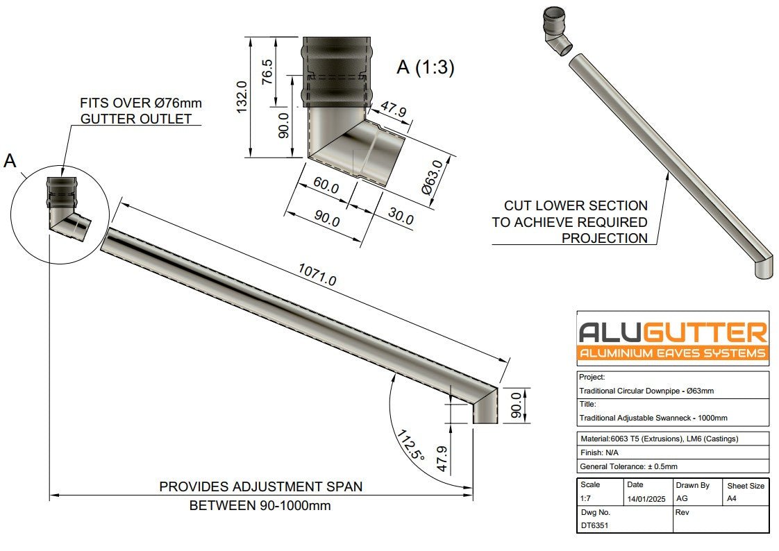 Traditional Adjustable Swanneck 63mm - 1000mm - Alugutter