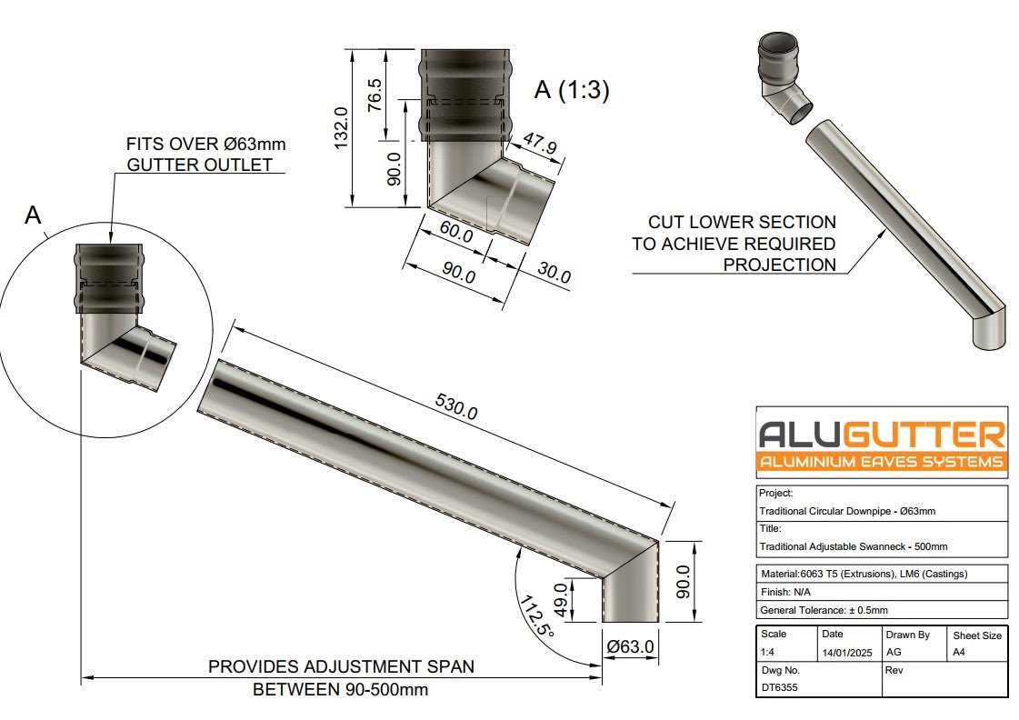 Traditional Adjustable Swanneck 63mm - 500mm - Alugutter