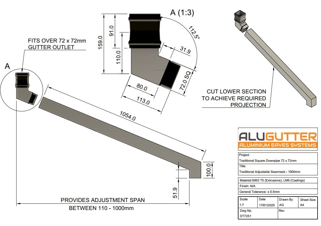 Traditional Adjustable Swanneck 72 x 72mm - 1000mm - Alugutter
