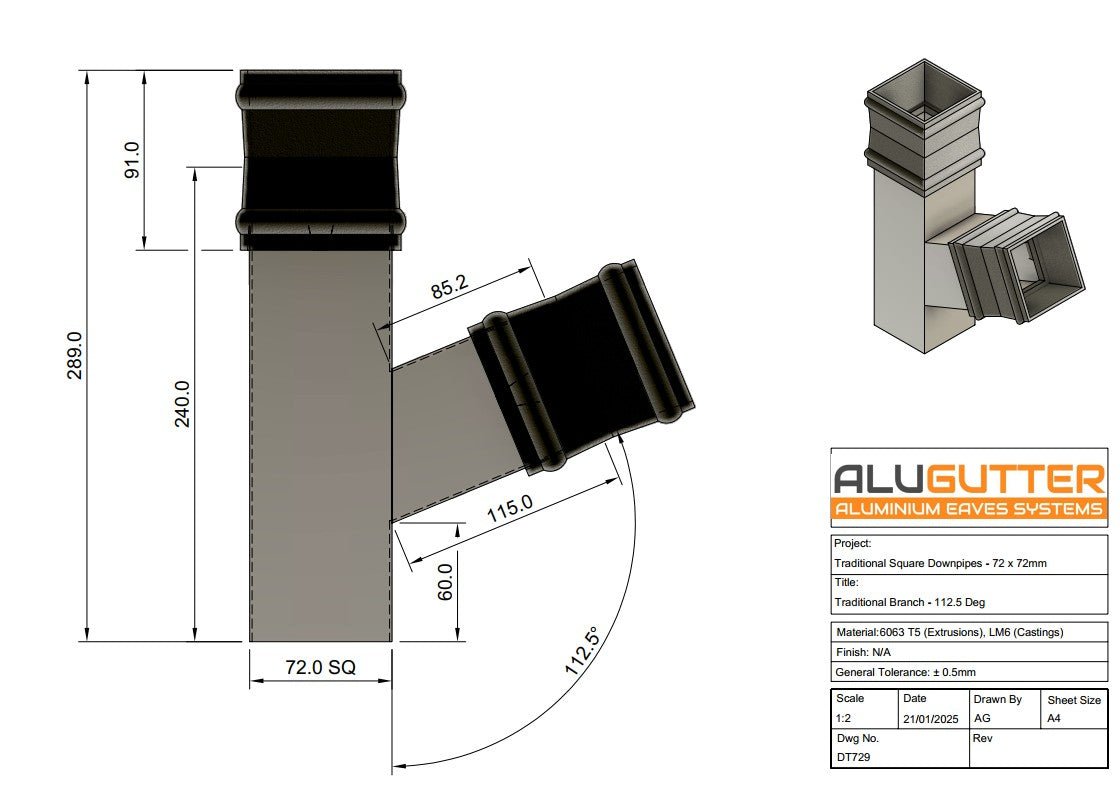 Traditional Downpipe Branch 112.5 degrees, 72 x 72mm - Alugutter