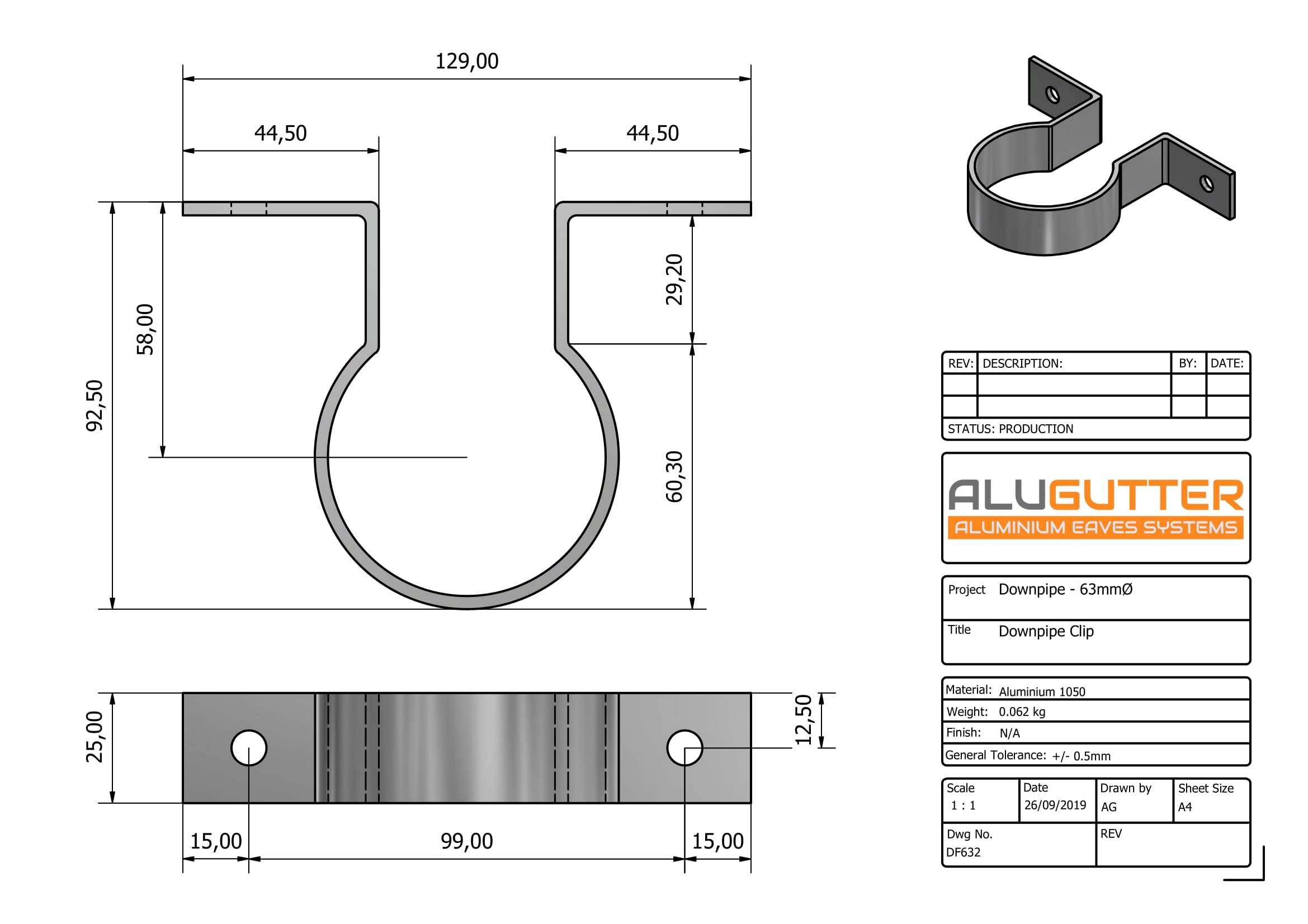 DF632 - ALUMINIUM DOWNPIPE CLIP - 63mm DIA