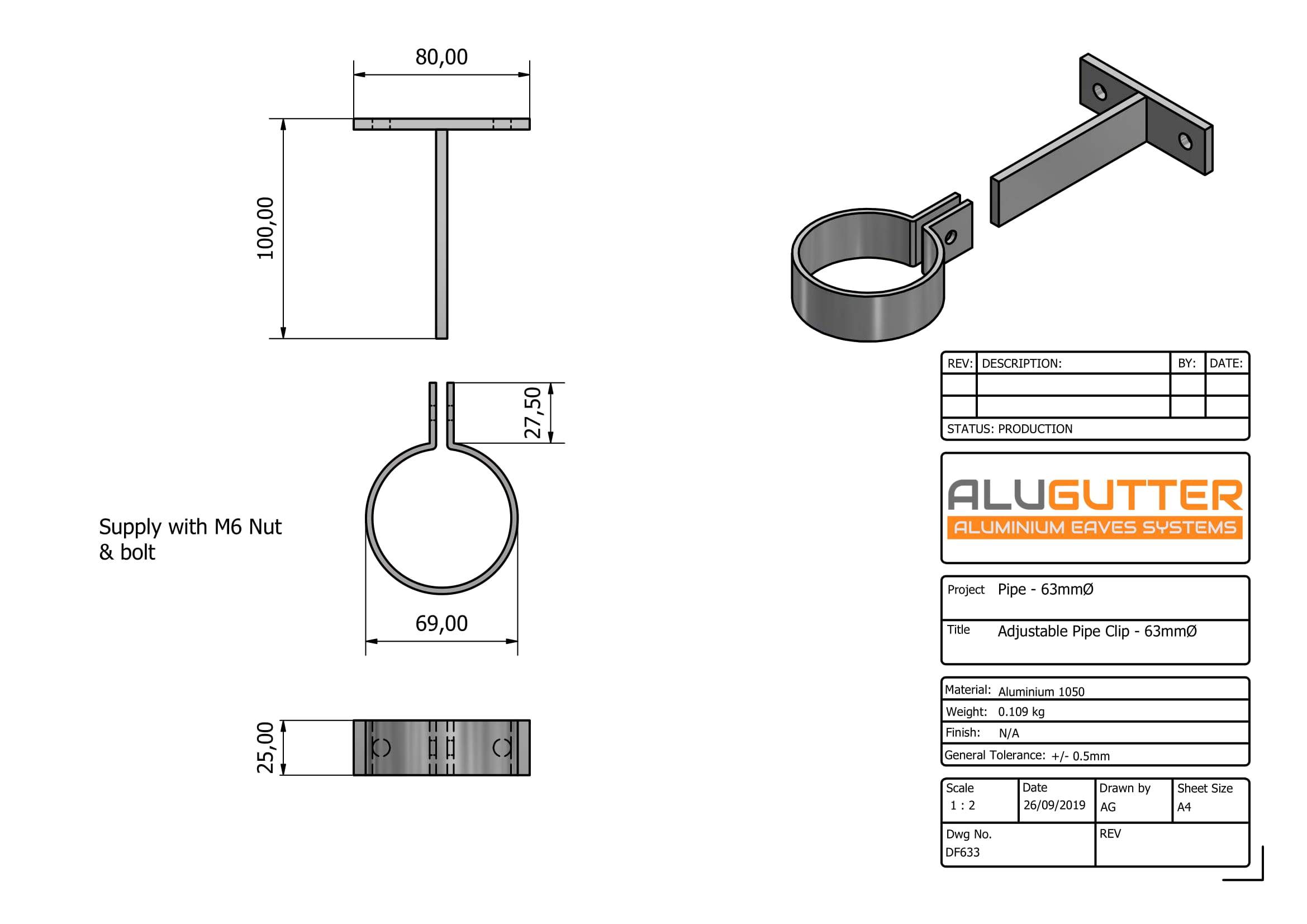 DF633 - ADJUSTABLE ALUMINIUM PIPE CLIP - 63mm DIA