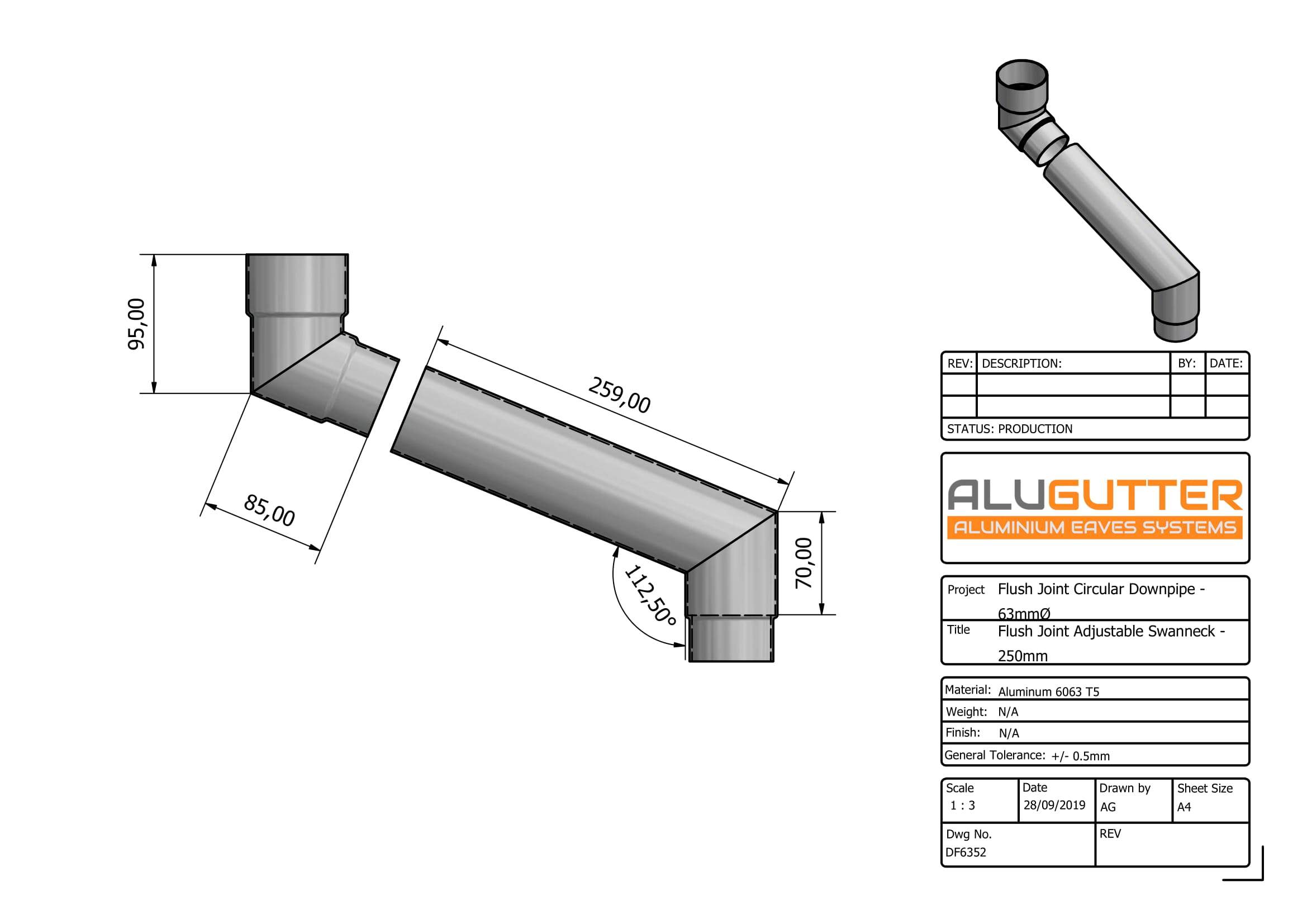 DF6352 - FLUSH JOINT ADJUSTABLE SWANNECK - 80-250mm PROJ - 63mm DIA - Alugutter