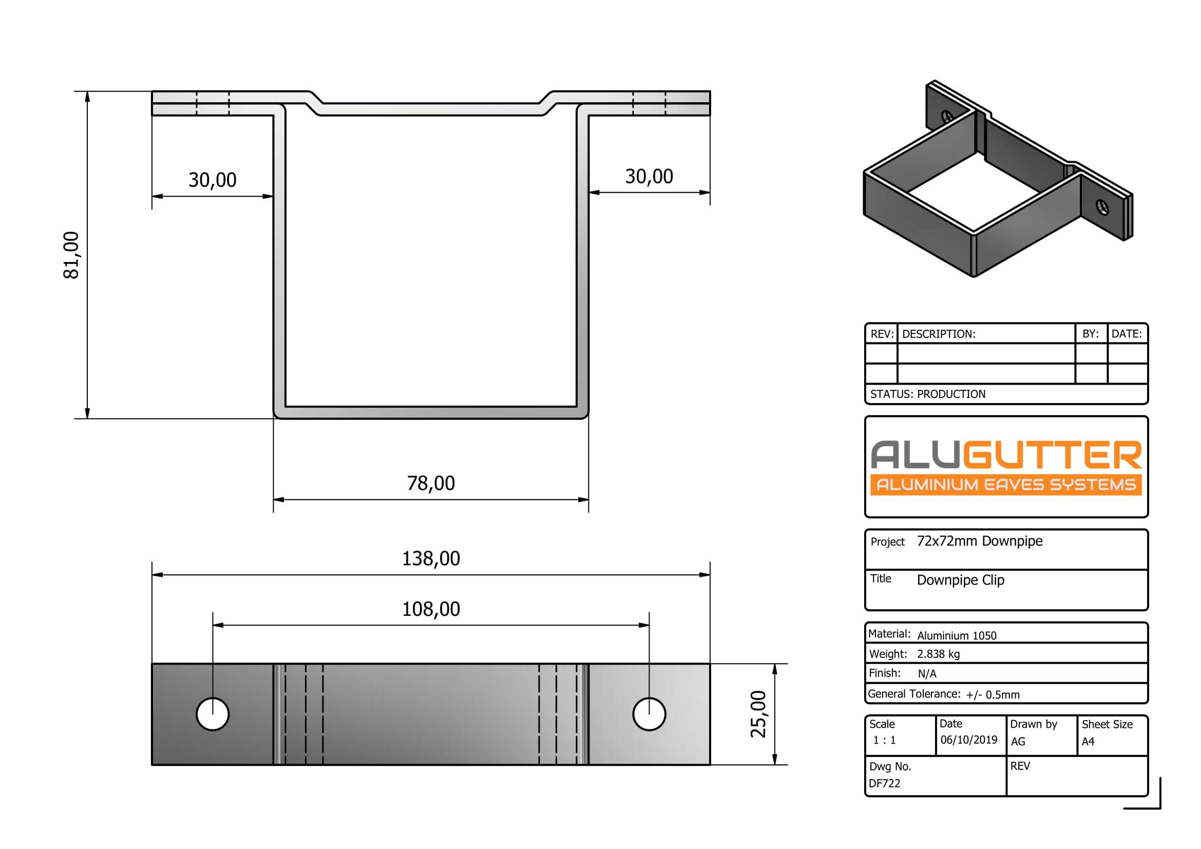 DF722 - ALUMINIUM DOWNPIPE CLIP - 72x72mm