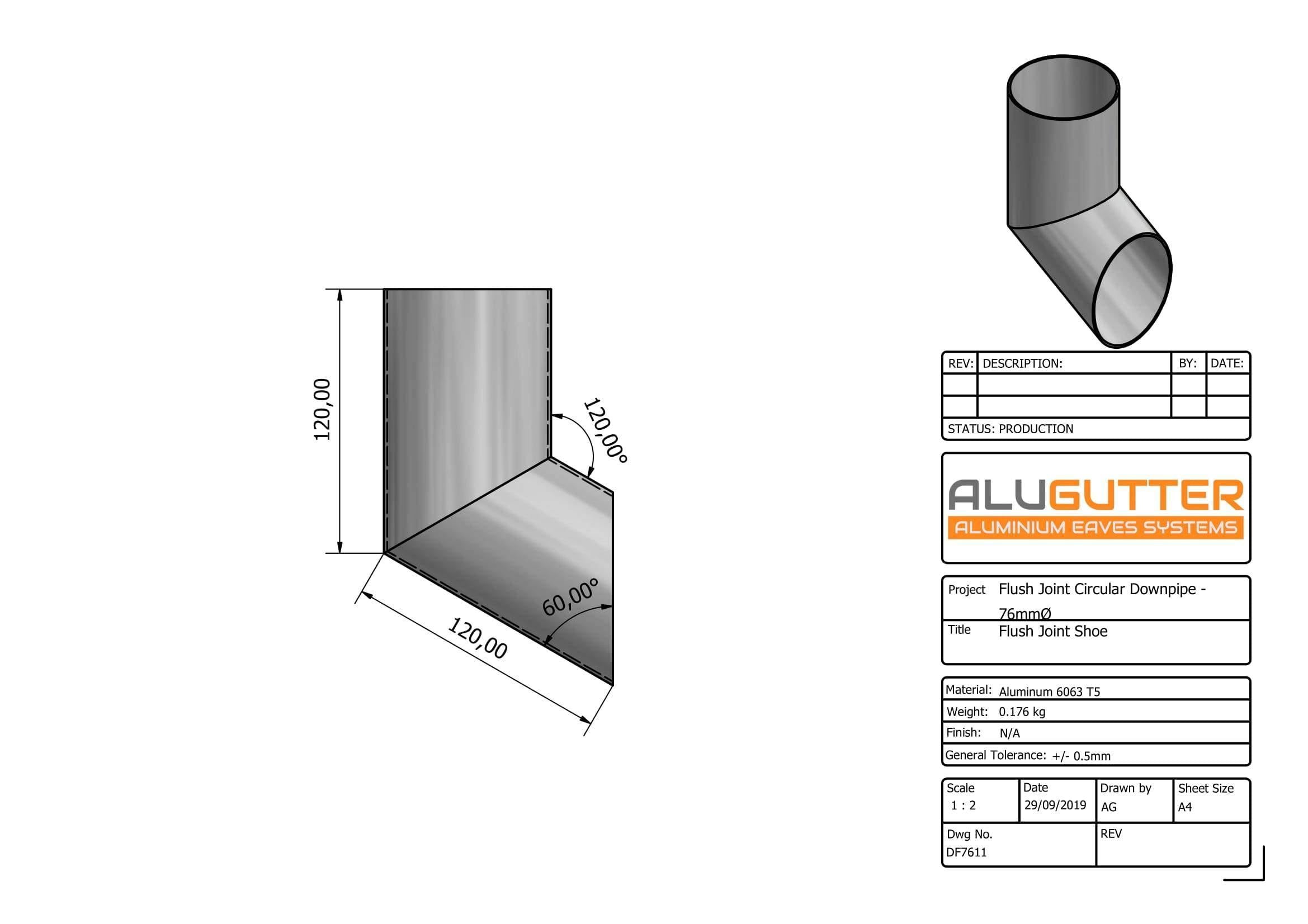 DF7611 - FLUSH JOINT SHOE - 76mm DIA - Alugutter