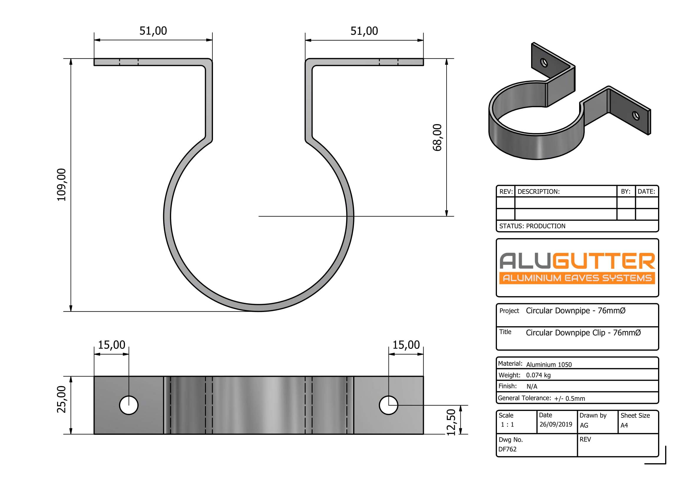 DF762 - ALUMINIUM DOWNPIPE CLIP - 76mm DIA