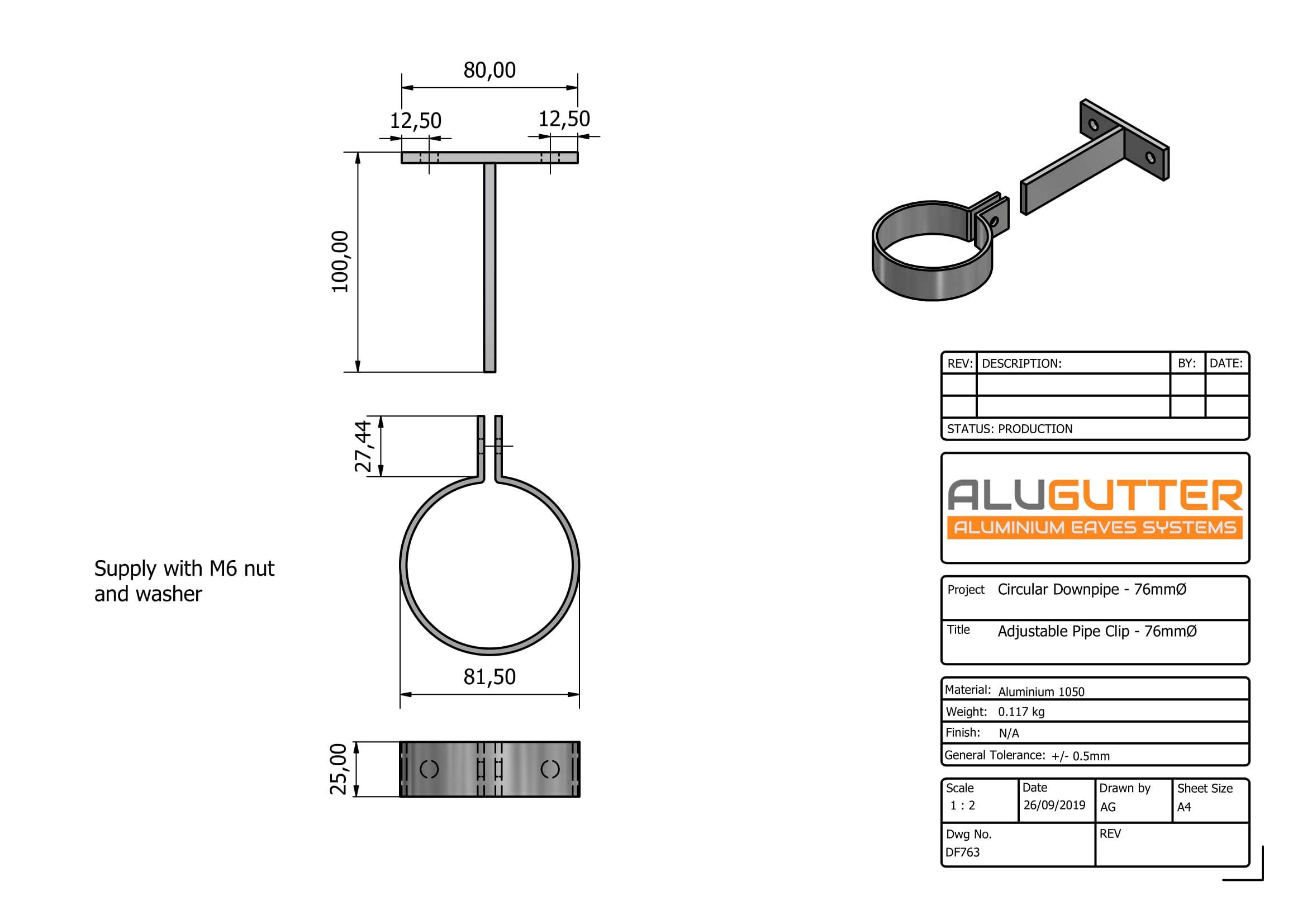 DF763 - ADJUSTABLE ALUMINIUM PIPE CLIP - 76mm DIA