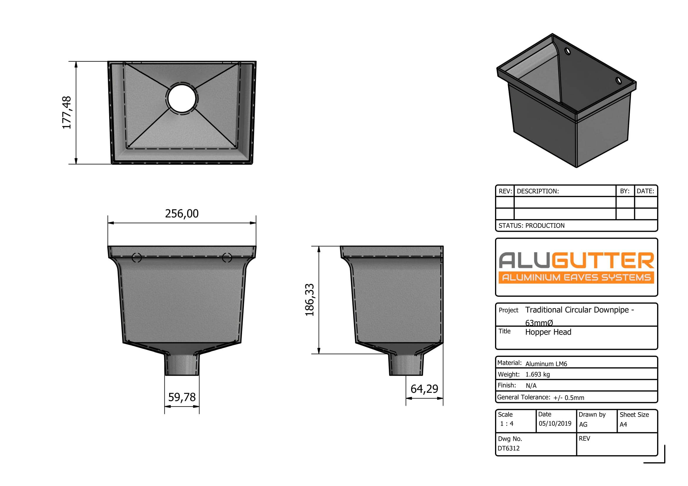 DT6312 - HOPPER HEAD 255mm(w) x 175mm(d) x 175mm(h) - 63mm DIA - Alugutter