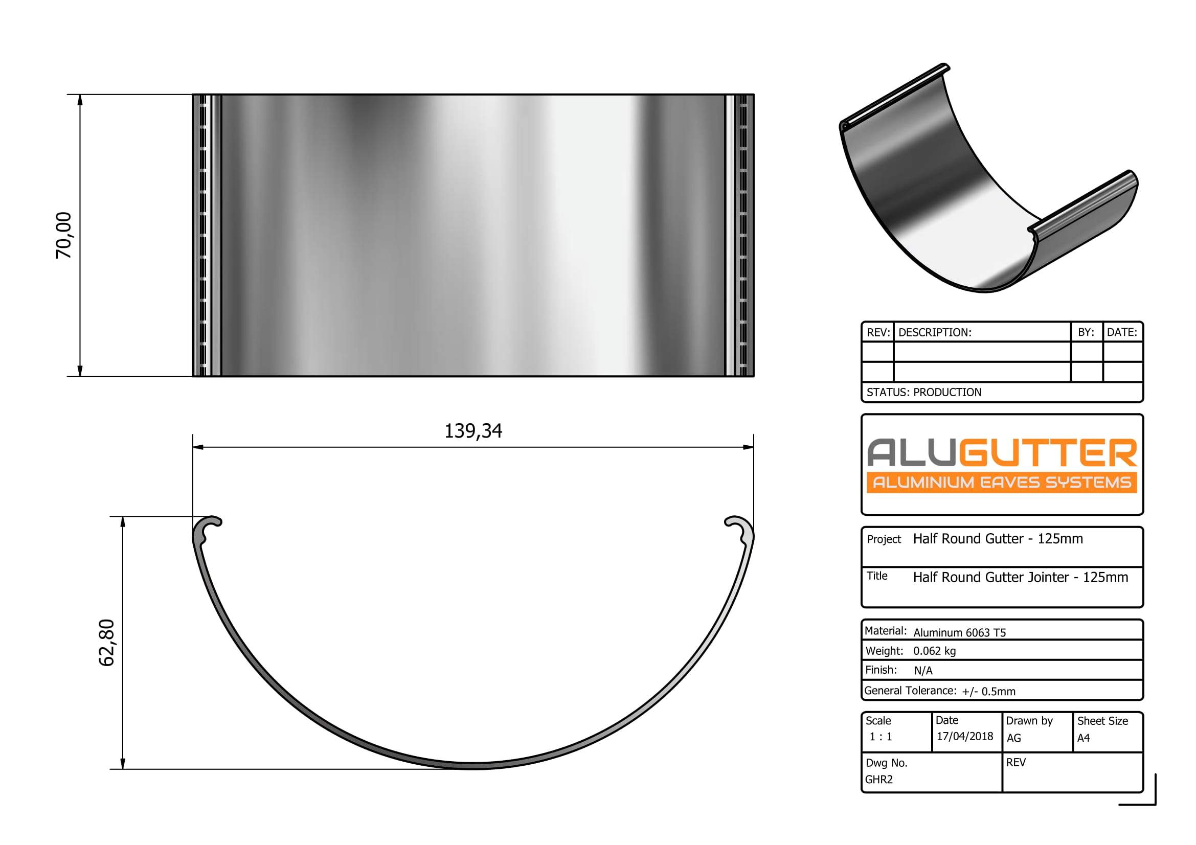 GHR2 - HALF ROUND GUTTER JOINTER - 125mm - Alugutter