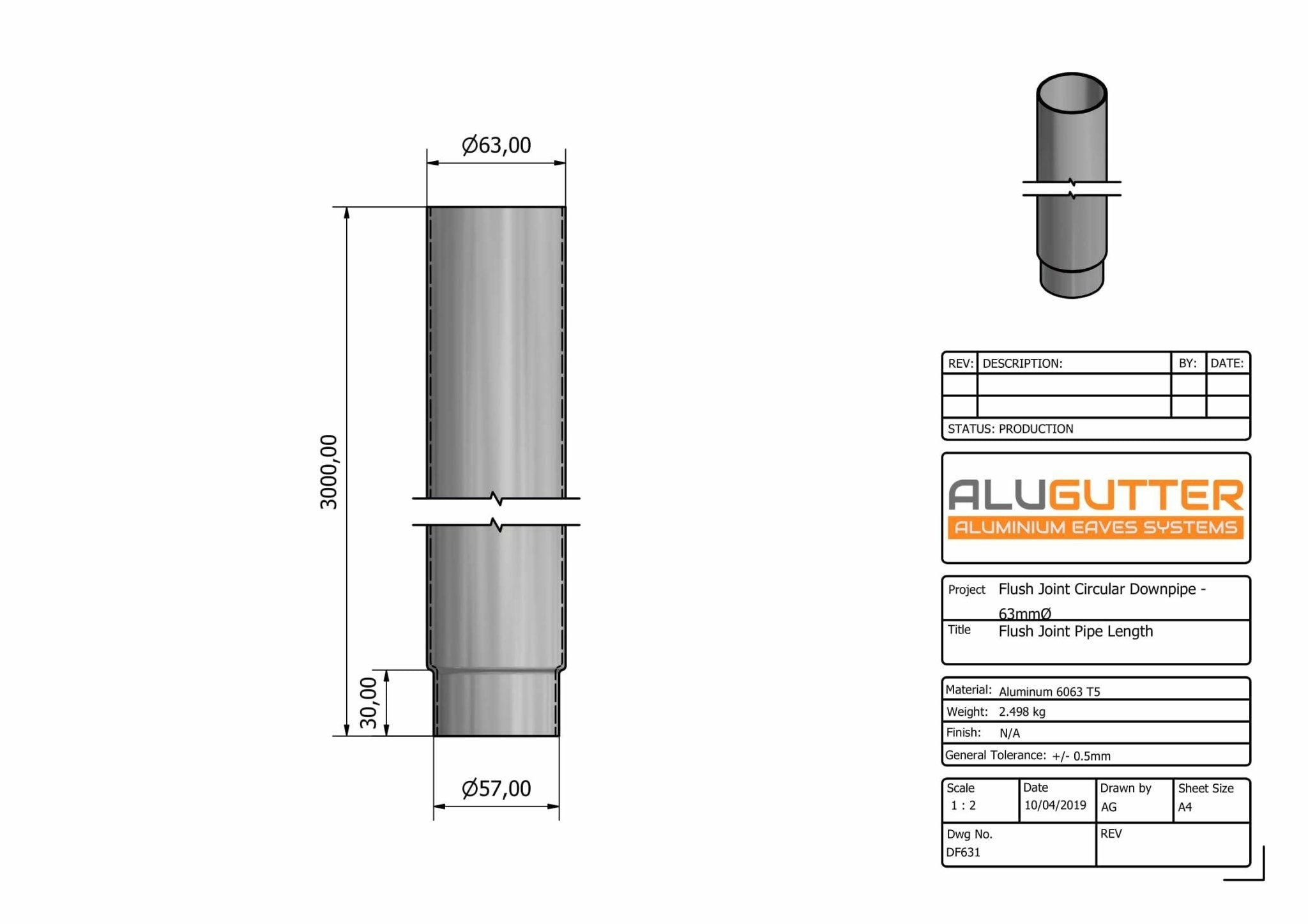 DF631 - FLUSH JOINT DOWNPIPE LENGTH - 63mm DIA x 3m - Alugutter