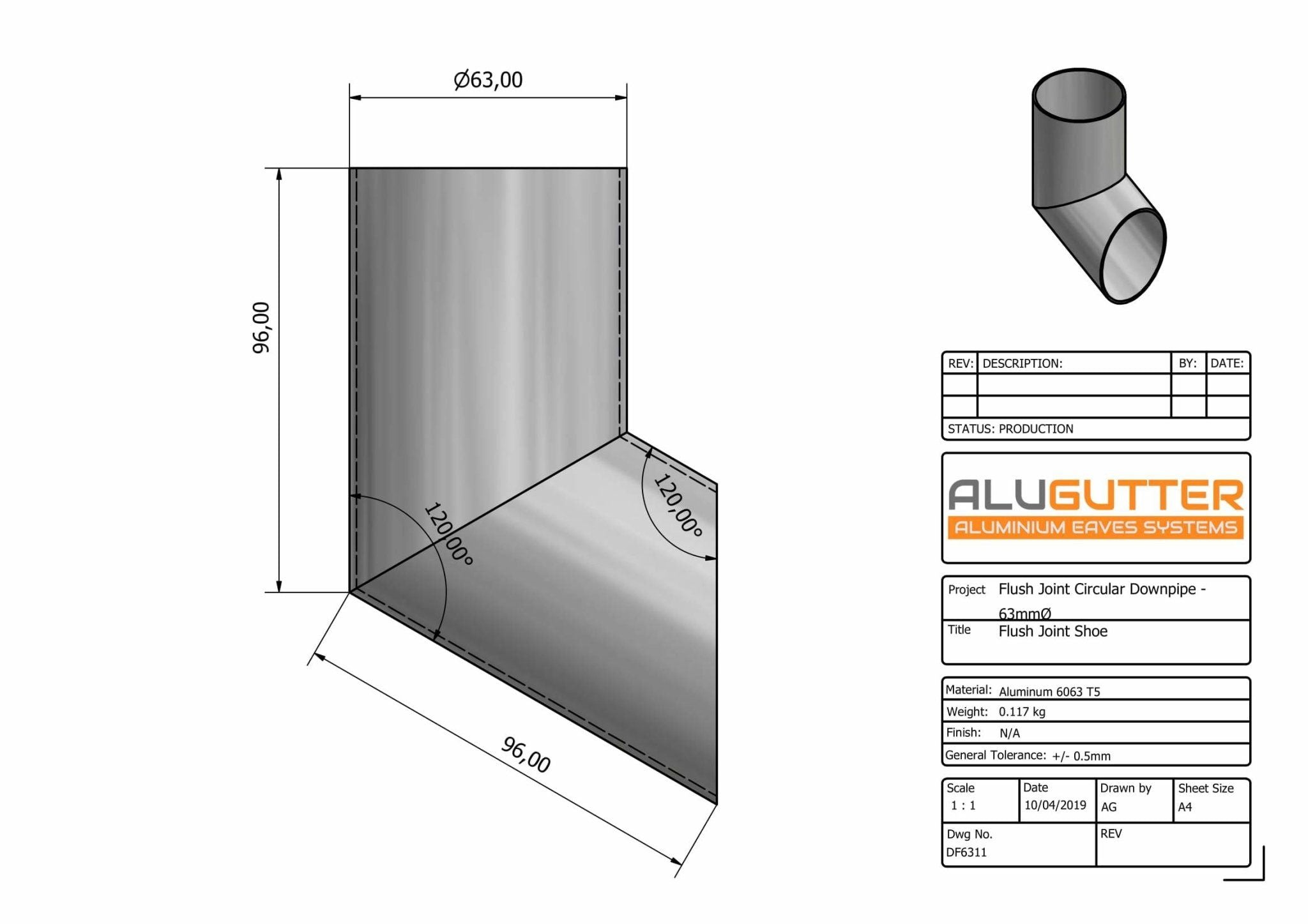 DF6311 - FLUSH JOINT SHOE - 63mm DIA - Alugutter