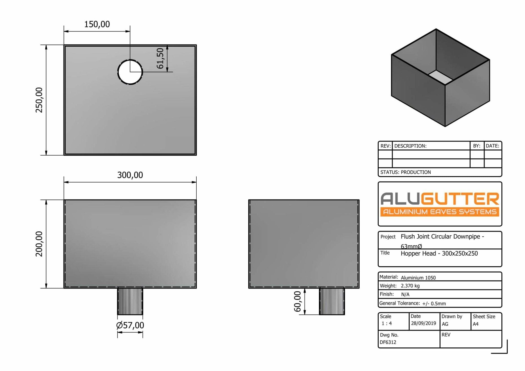 DF6312 - HOPPER HEAD 300mm(w) x 250mm(d) x 200mm(h) - 63mm DIA - Alugutter