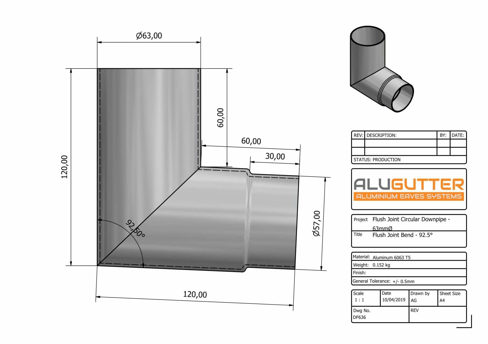 DF636 - FLUSH JOINT BEND - 92.5 DEG - 63mm DIA - Alugutter