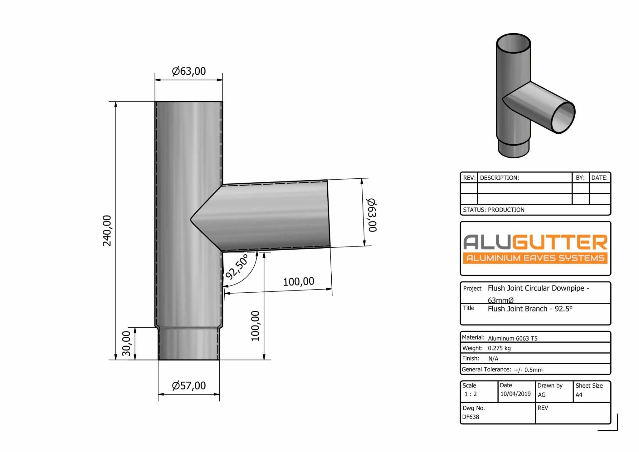 DF638 - FLUSH JOINT BRANCH - 92.5 DEG - 63mm DIA - Alugutter