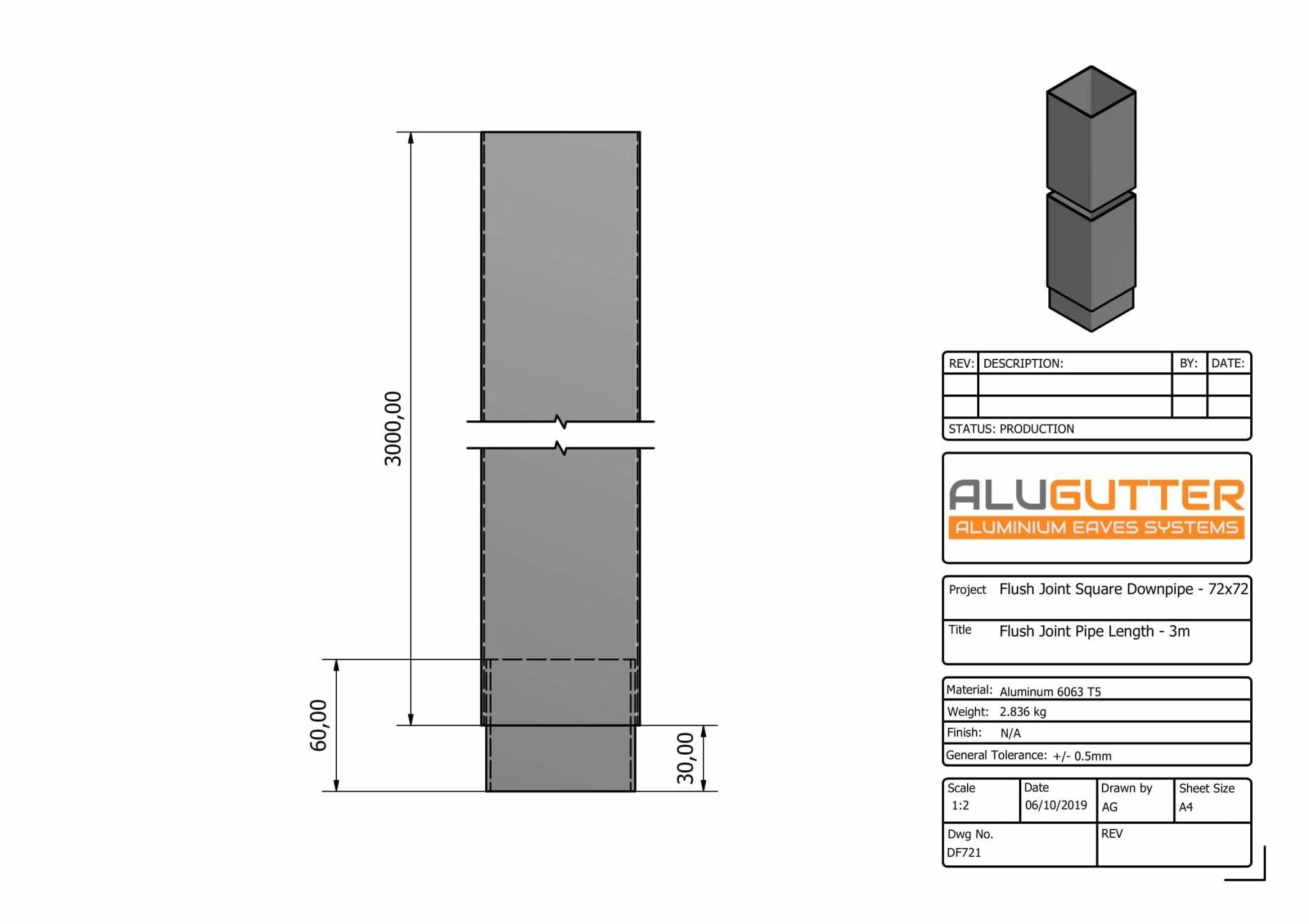 DF721 - FLUSH JOINT DOWNPIPE LENGTH - 72x72mm x 3m - Alugutter