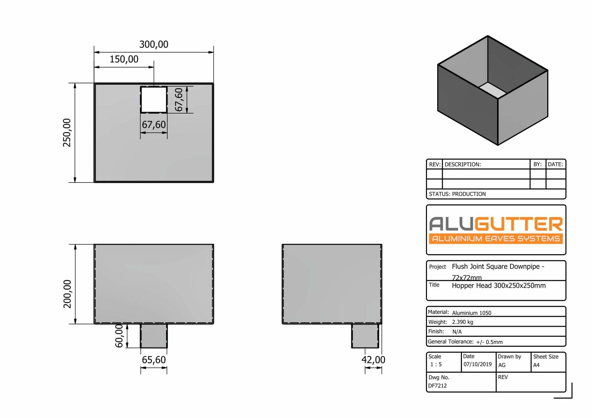 DF7212 - HOPPER HEAD 300mm(w) x 250mm(d) x 200mm(h) - 72x72mm - Alugutter