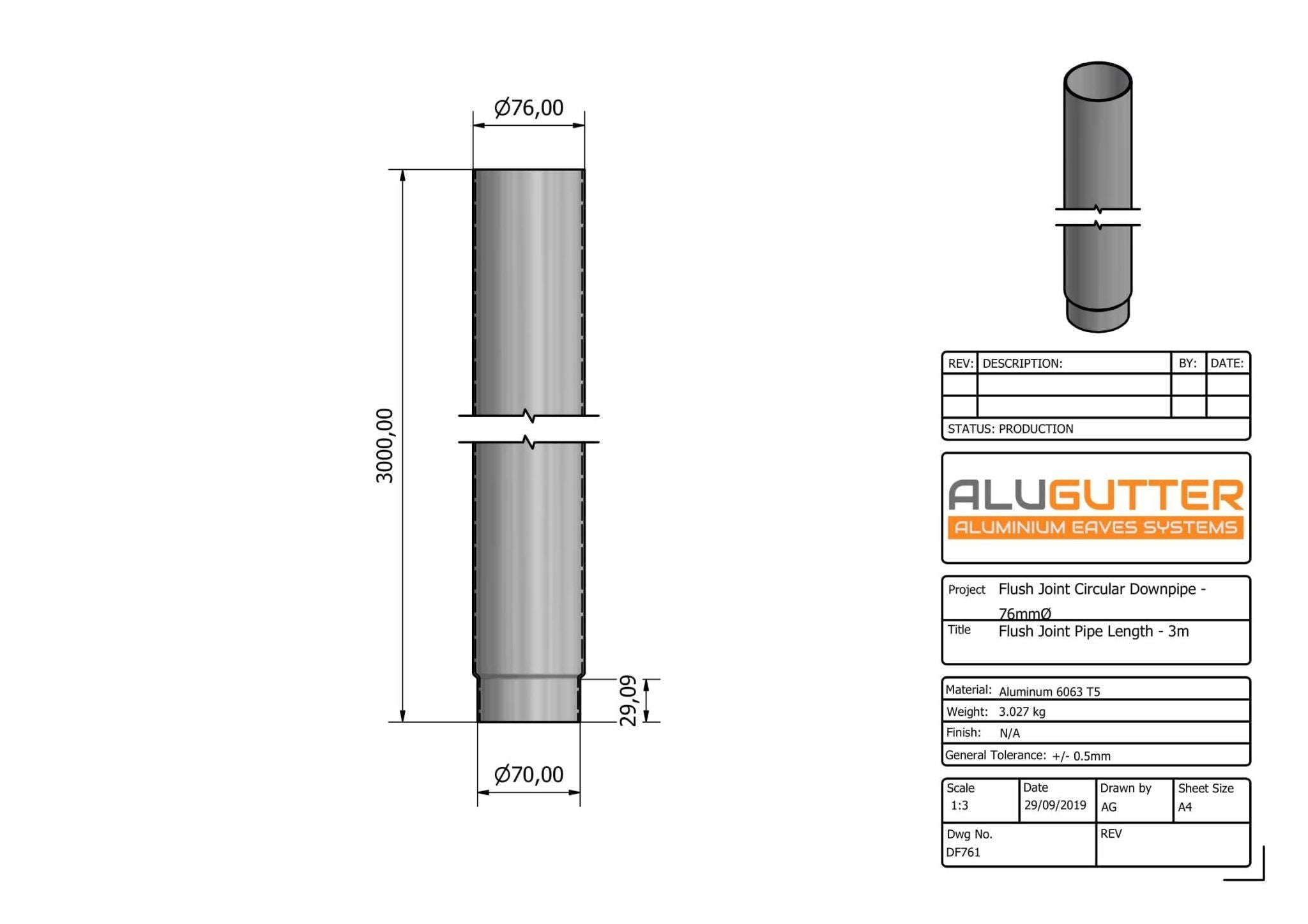 DF761 - FLUSH JOINT DOWNPIPE LENGTH - 76mm DIA x 3m - Alugutter