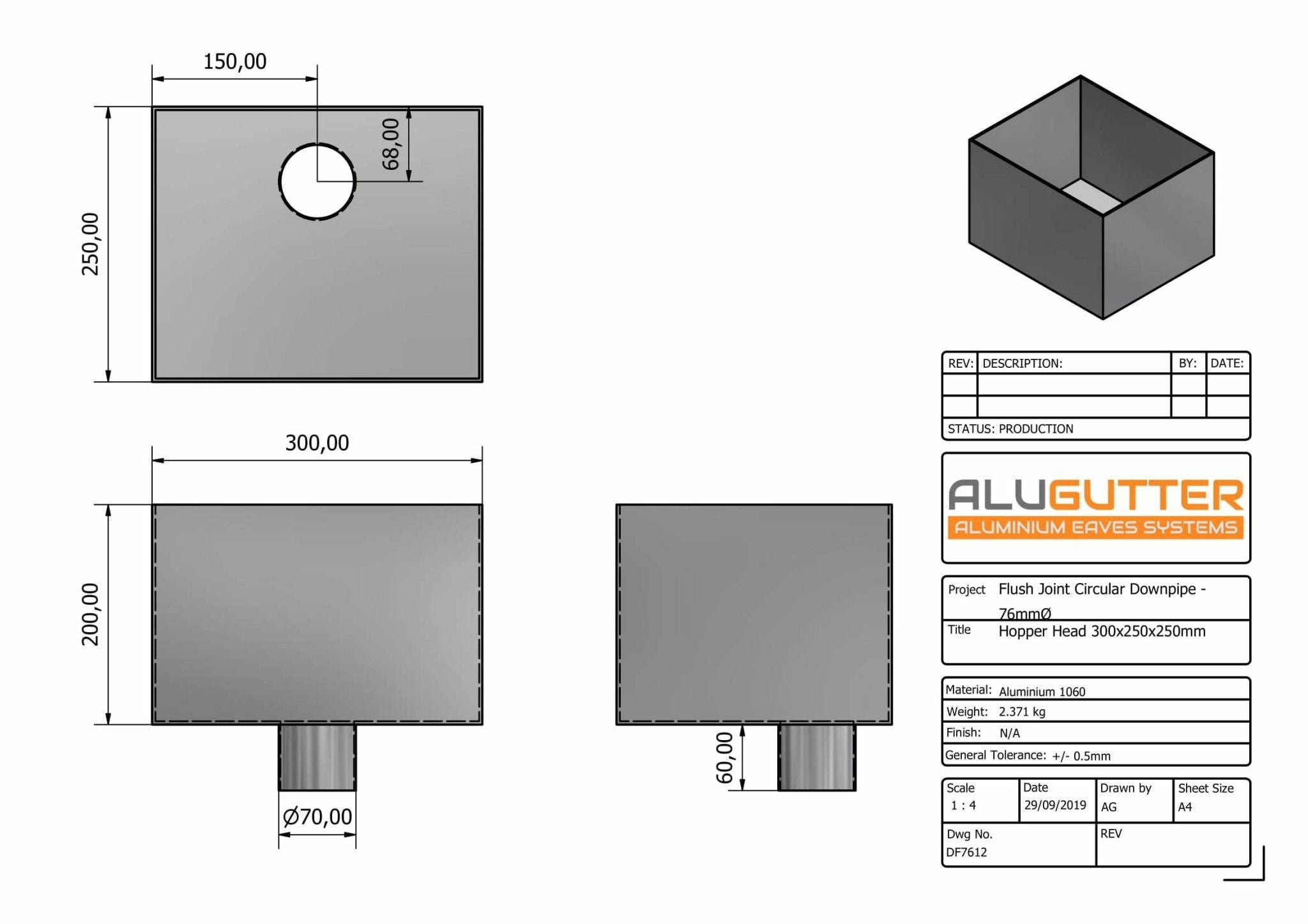 DF7612 - HOPPER HEAD 300mm(w) x 250mm(d) x 200mm(h) - 76mm DIA - Alugutter