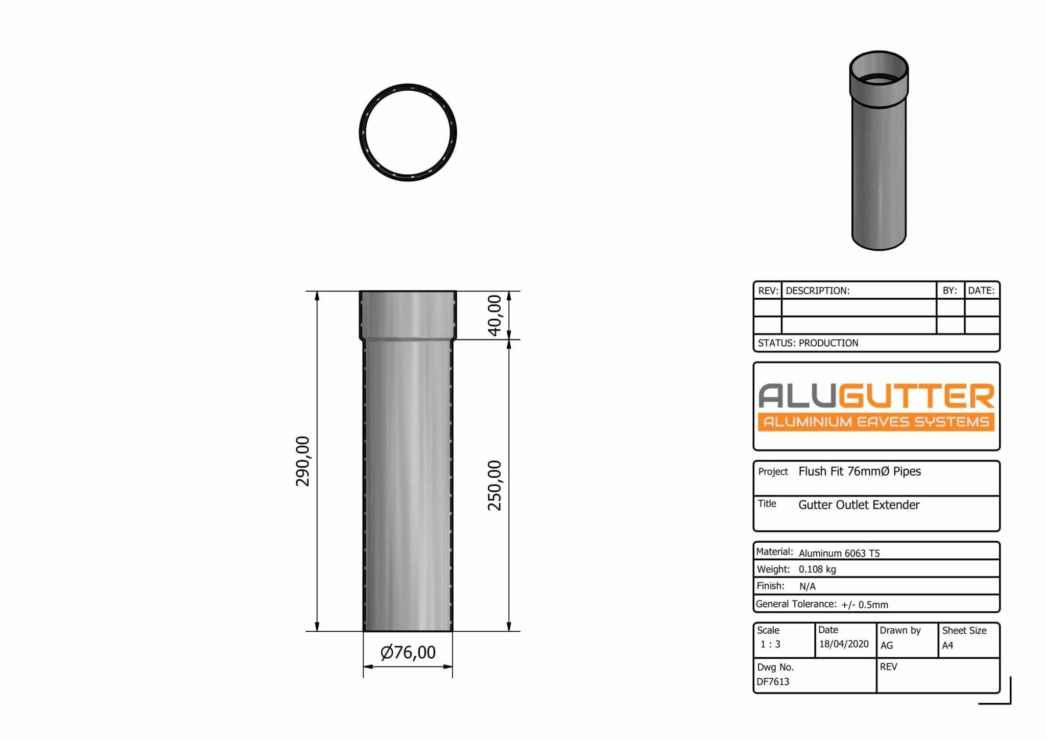 DF7613 - GUTTER OUTLET SPIGOT EXTENDER - 76mm DIA - Alugutter