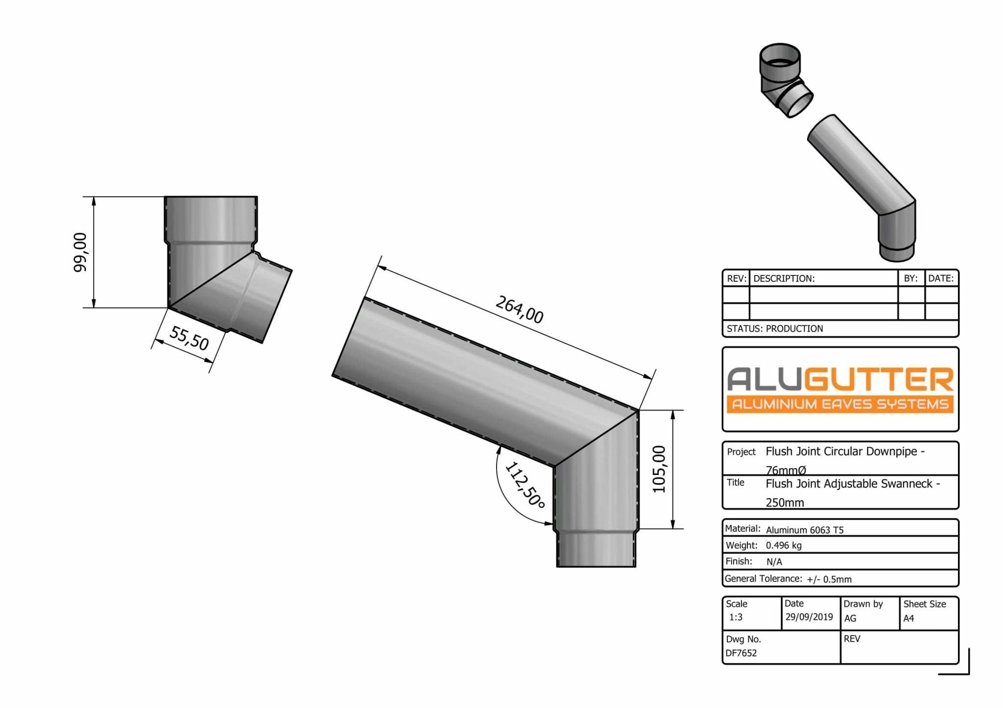 DF7652 - FLUSH JOINT ADJUSTABLE SWANNECK - 90-250mm PROJ - 76mm DIA - Alugutter