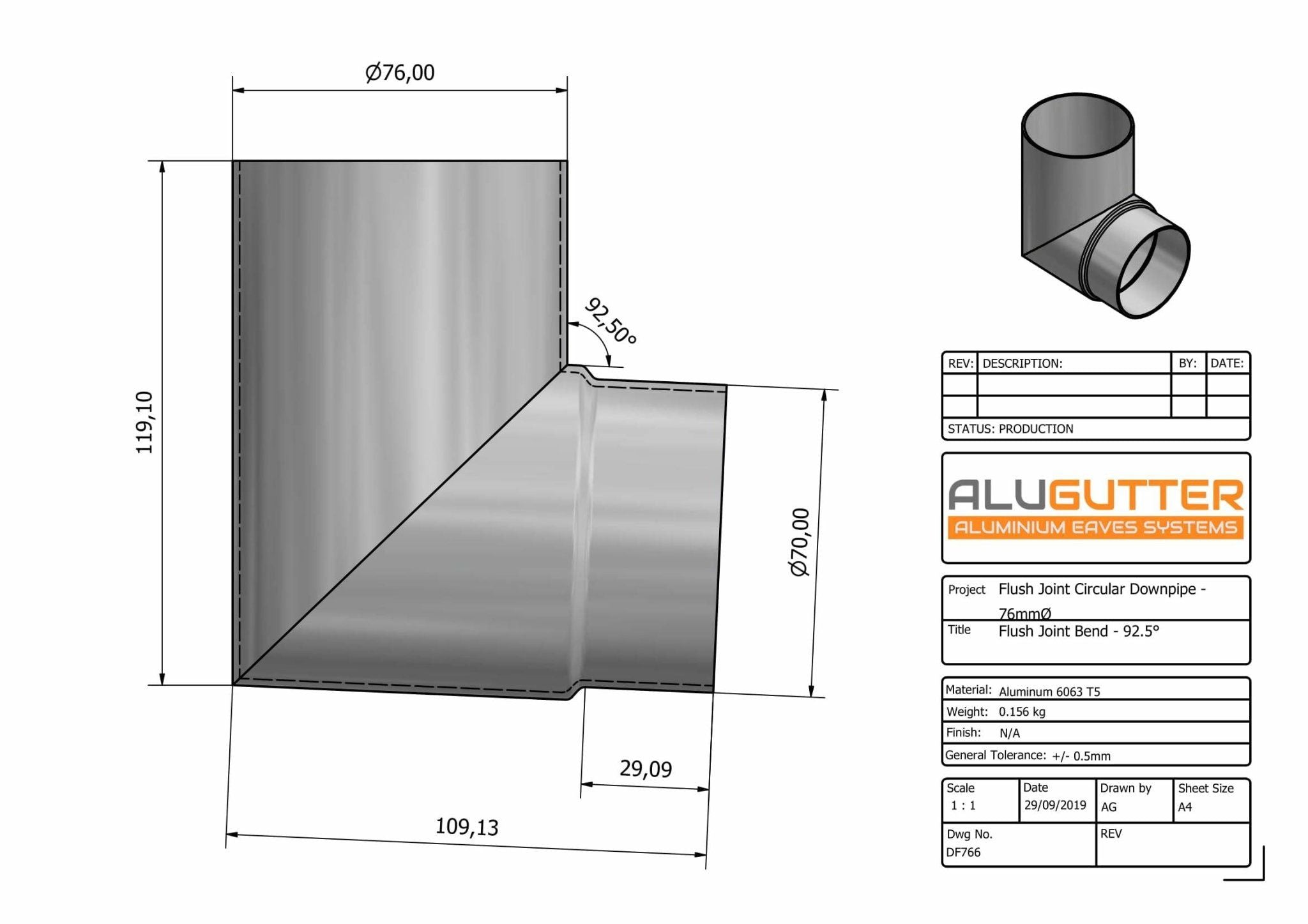 DF766 - FLUSH JOINT BEND - 92.5 DEG - 76mm DIA - Alugutter