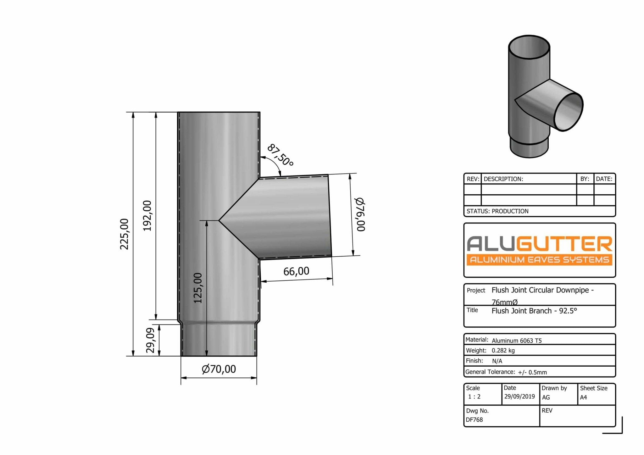 DF768 - FLUSH JOINT BRANCH - 92.5 DEG - 76mm DIA - Alugutter