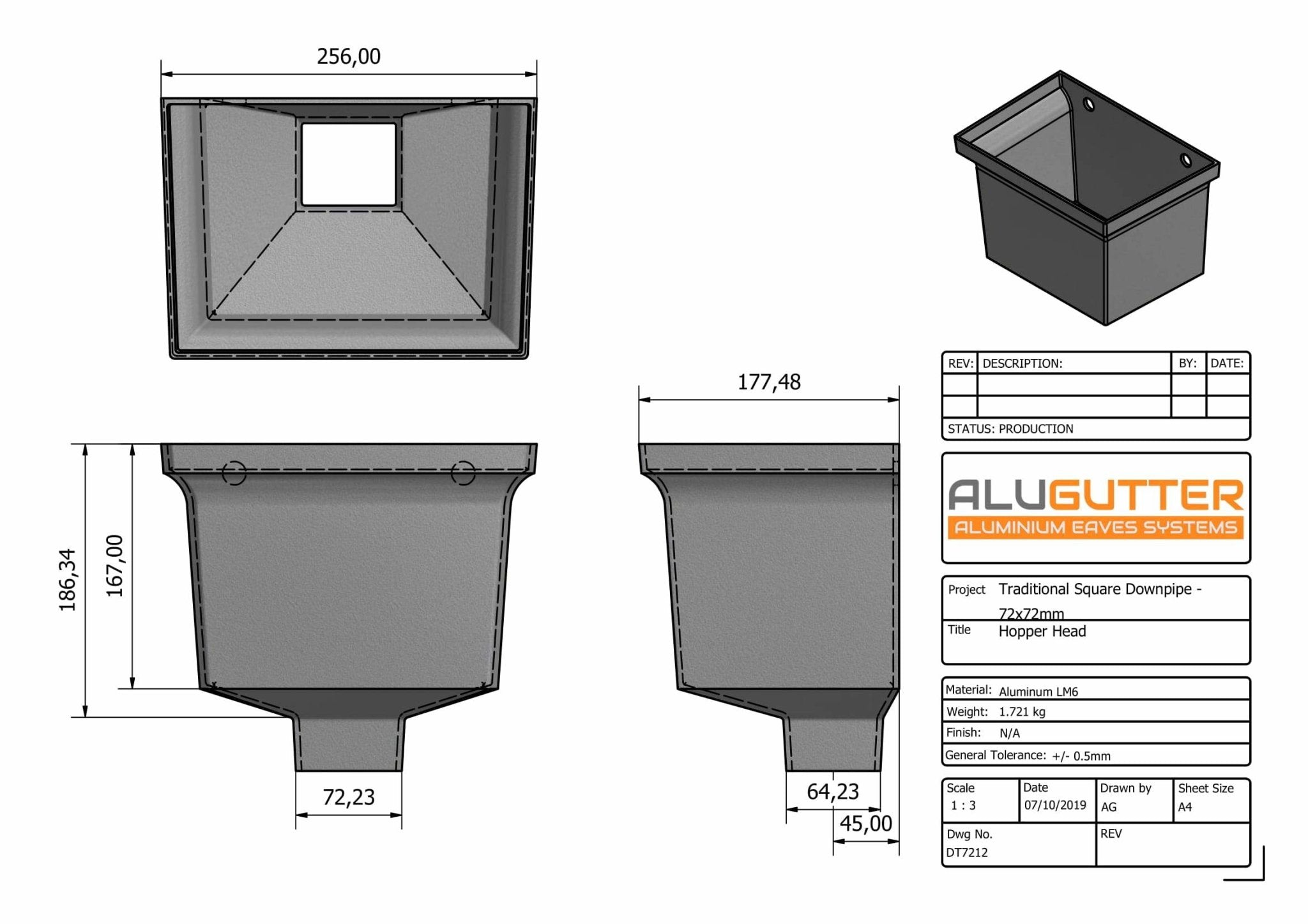 DT7212 - HOPPER HEAD 255mm(w) x 175mm(d) x 175mm(h) - 72x72mm - Alugutter