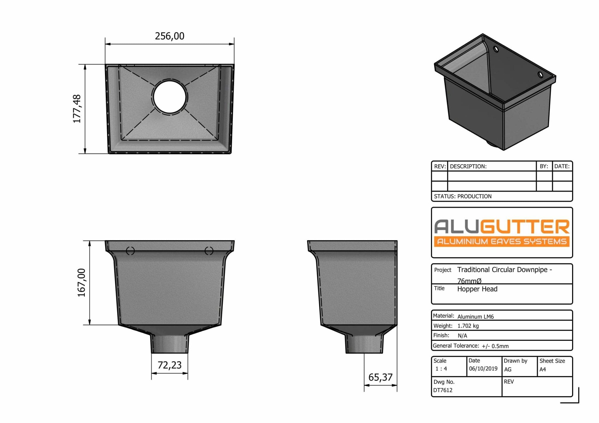 DT7612 - HOPPER HEAD 255mm(w) x 175mm(d) x 175mm(h) - 76mm DIA - Alugutter