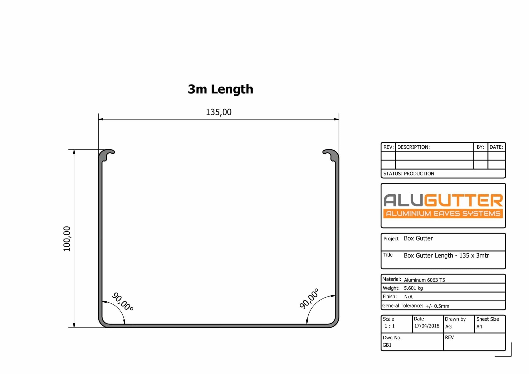 GB1 - BOX GUTTER LENGTH - 135 x 100mm x 3m - Alugutter