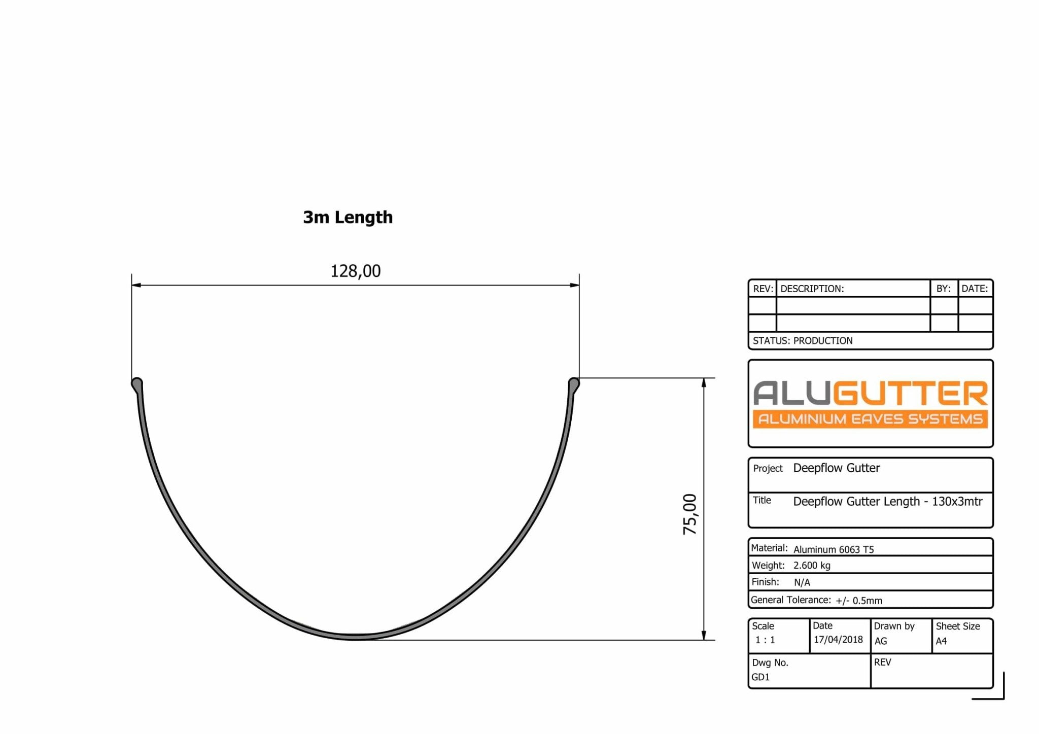 GD1 - DEEPFLOW GUTTER LENGTH - 130mm x 3m - Alugutter