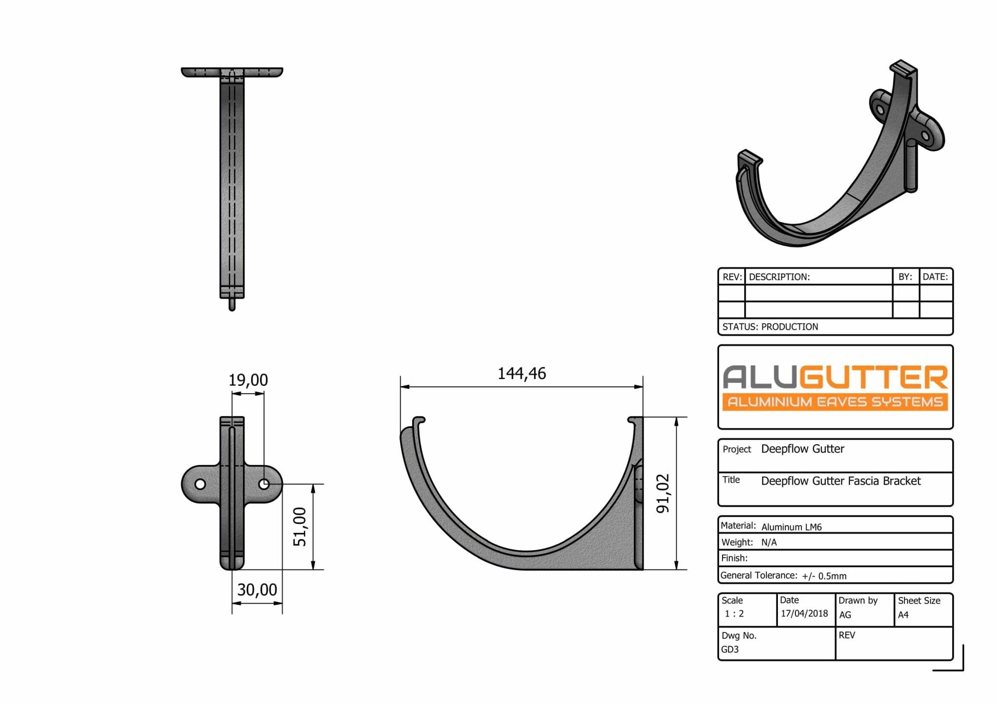 GD3 - DEEPFLOW GUTTER FASCIA BRACKET - 130mm - Alugutter