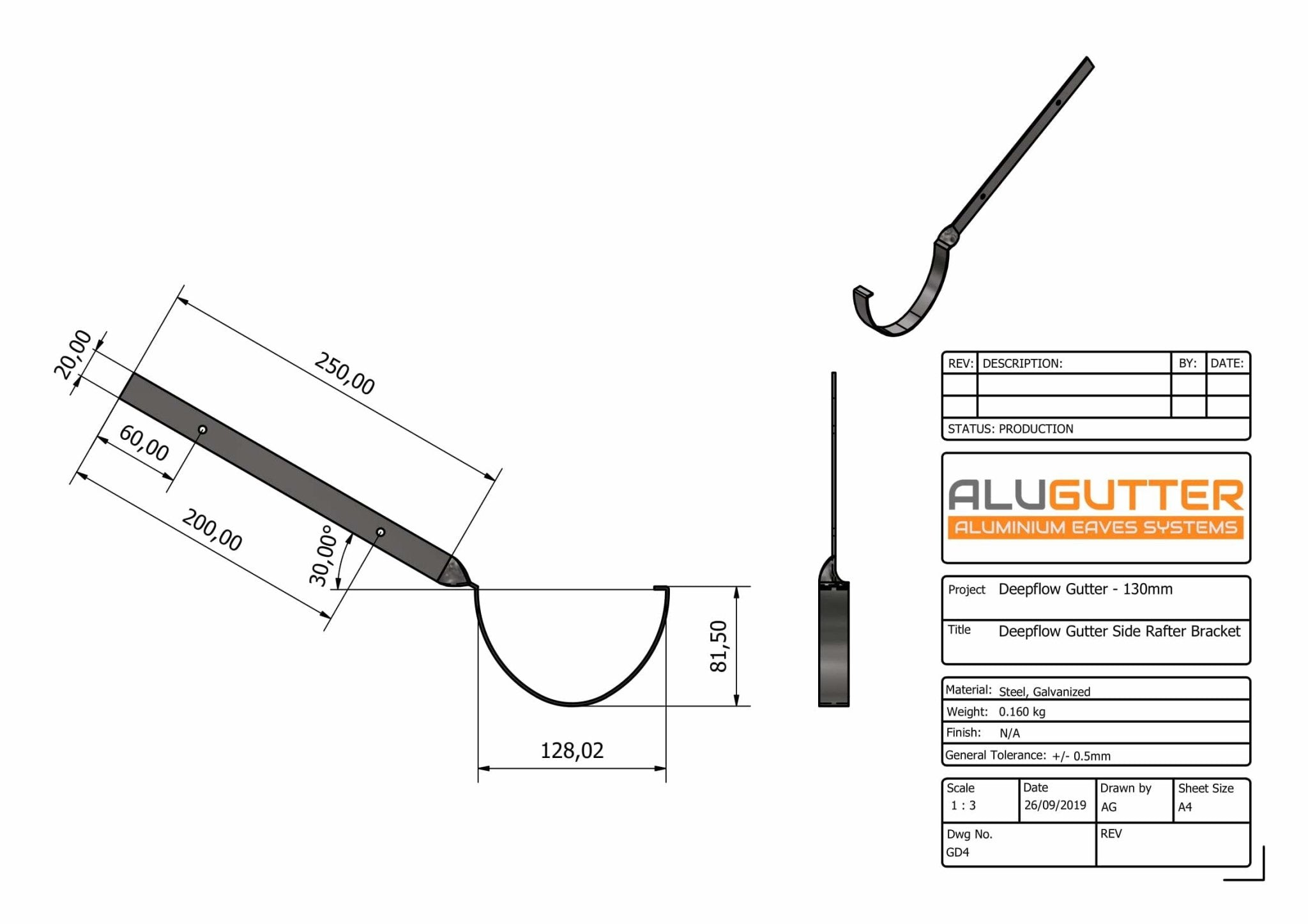 GD4 - DEEPFLOW GUTTER SIDE RAFTER BRACKET - 130mm - Alugutter