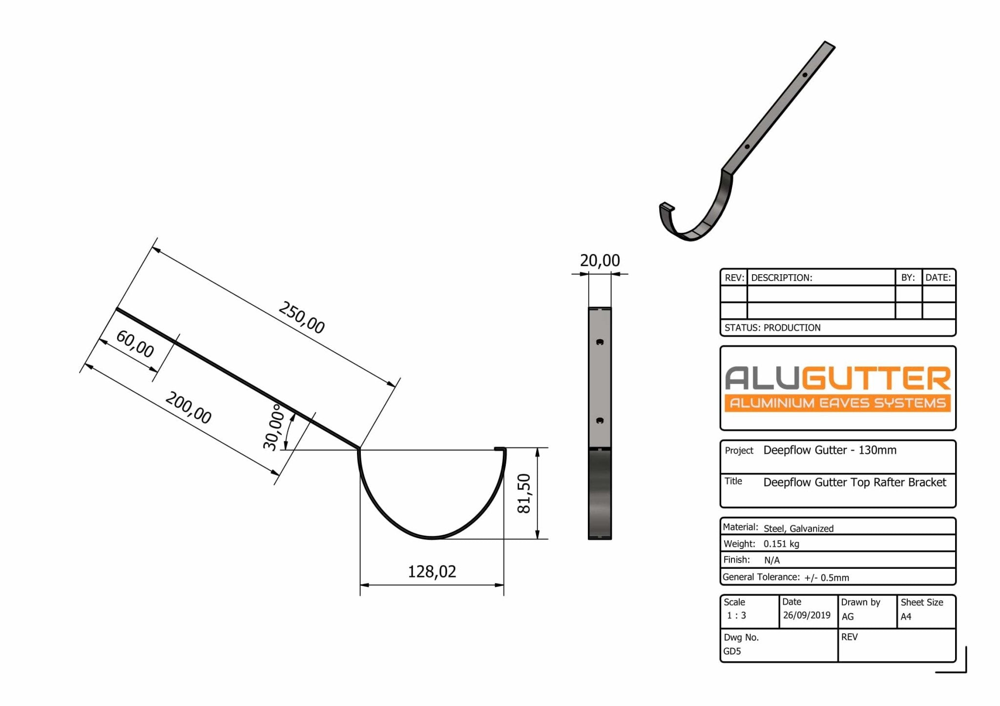 GD5 - DEEPFLOW GUTTER TOP RAFTER BRACKET - 130mm - Alugutter