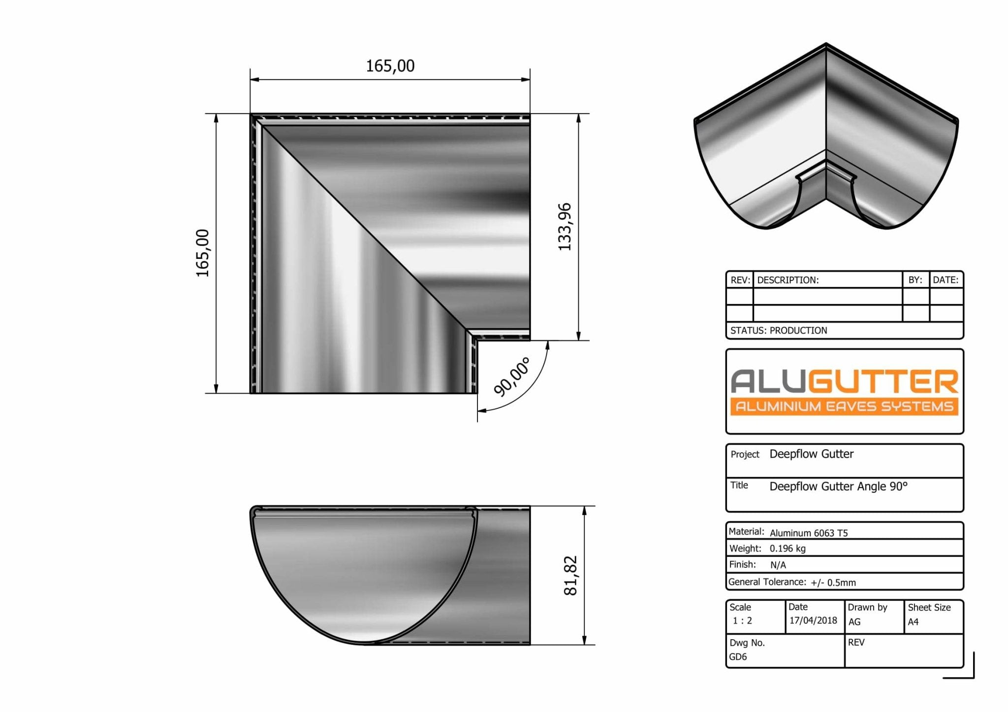 GD6 - DEEPFLOW GUTTER ANGLE 90 DEG - 130mm - Alugutter