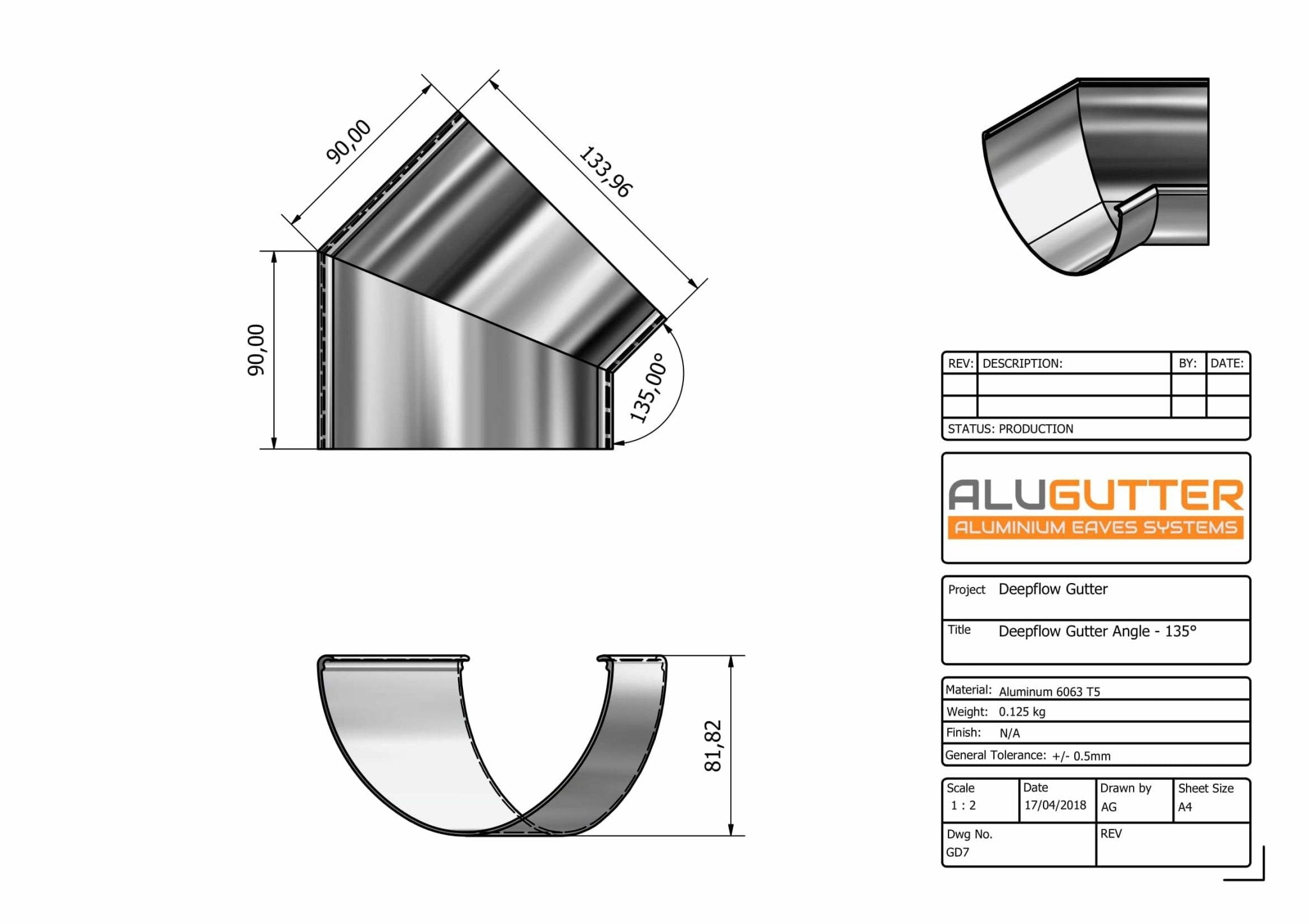 GD7 - DEEPFLOW GUTTER ANGLE 135 DEG - 130mm - Alugutter